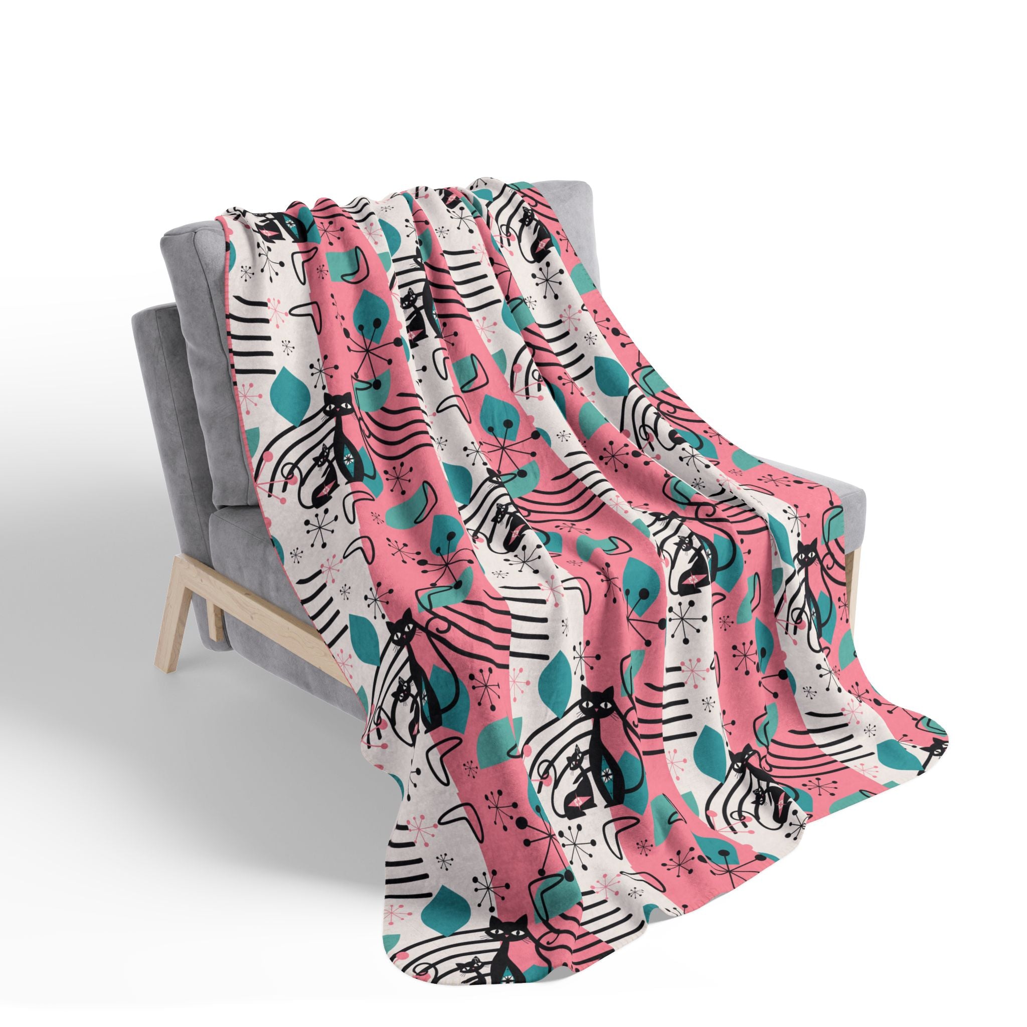 Mid-Century Modern Atomic Cat Pink Teal Retro Cat Fleece Sherpa Blanket - Cozy & Stylish - Mid Century Modern Gal