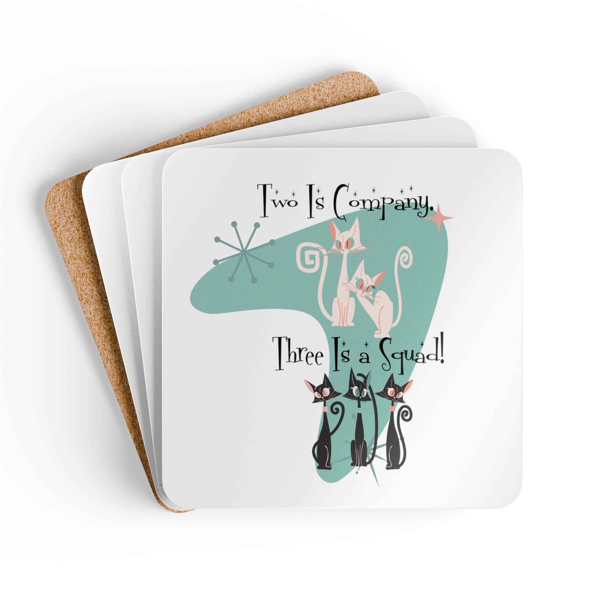 Atomic Cat Coasters For Co-worker gift, Besties Corkwood Coaster Set - Mid Century Modern Gal