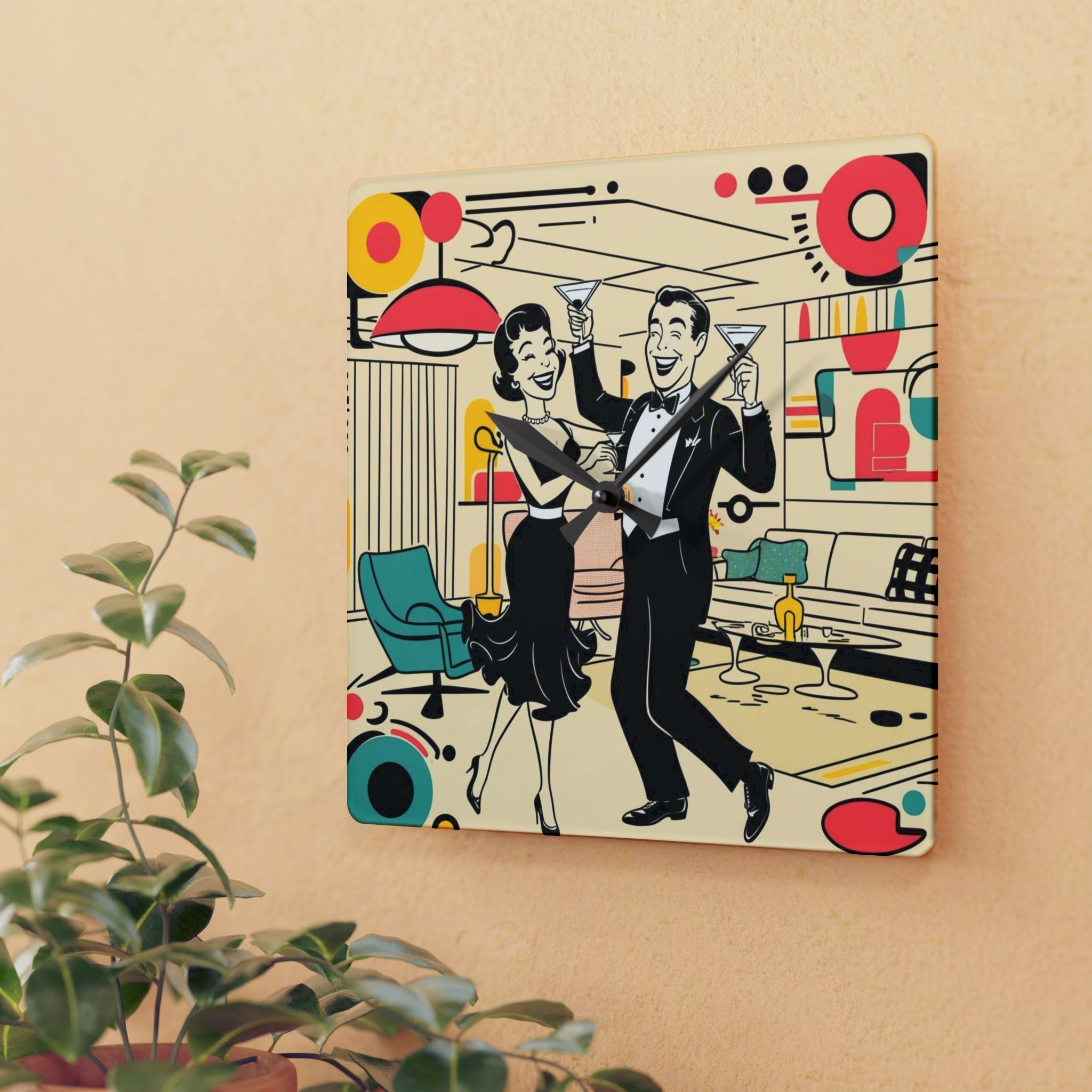 Mid Mod Couple Retro Cocktail Party Acrylic Wall Clock - Fun Vintage Design for Home Decor - Mid Century Modern Gal