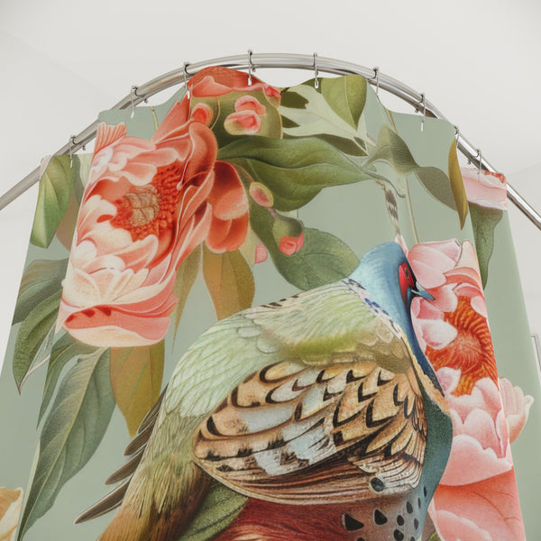 Chinoiserie Designed Shower Curtain Pheasant Floral Garden Botanicals Shower Curtain