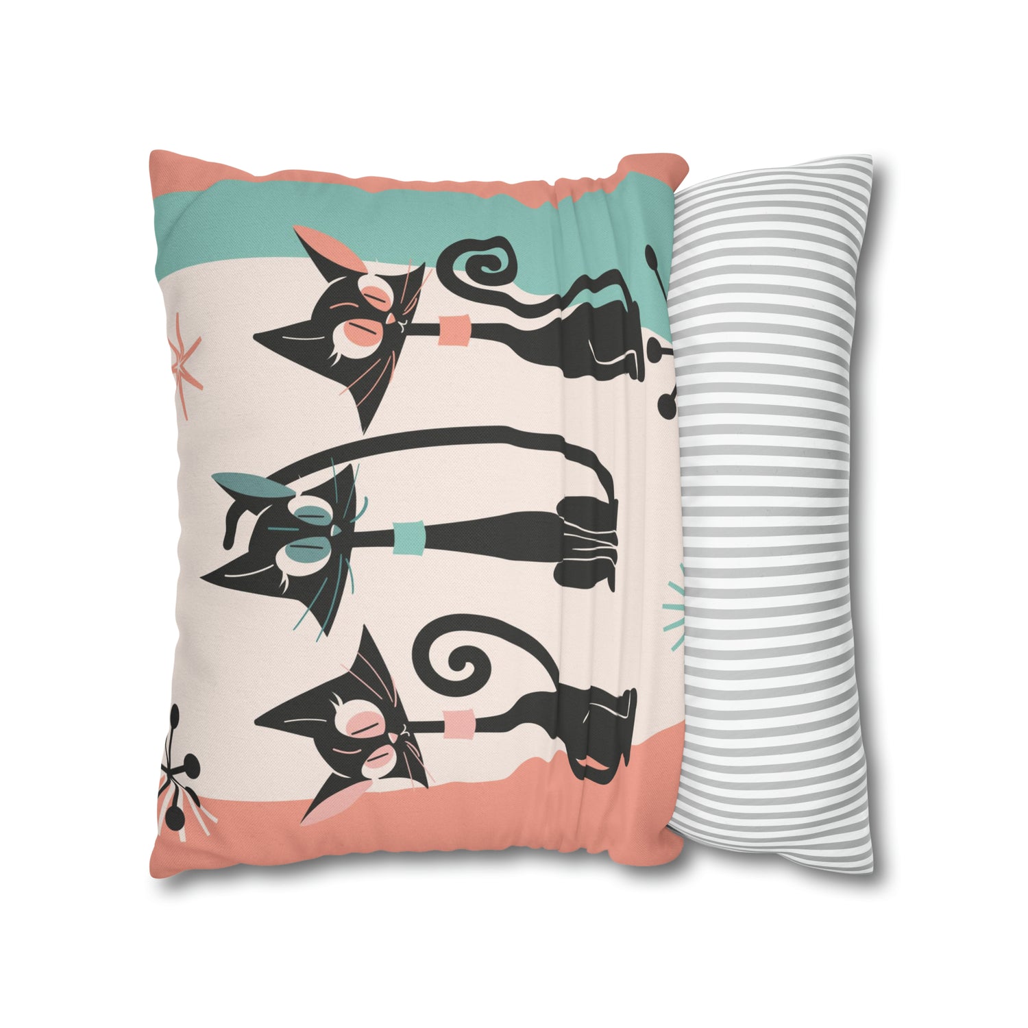 Atomic Cat Pillow, Kitschy 50s Mid Century Modern Style, Coral, Aqua, Creamy Beige, Retro MCM Atomic Home Living Pillow COVER - Mid Century Modern Gal