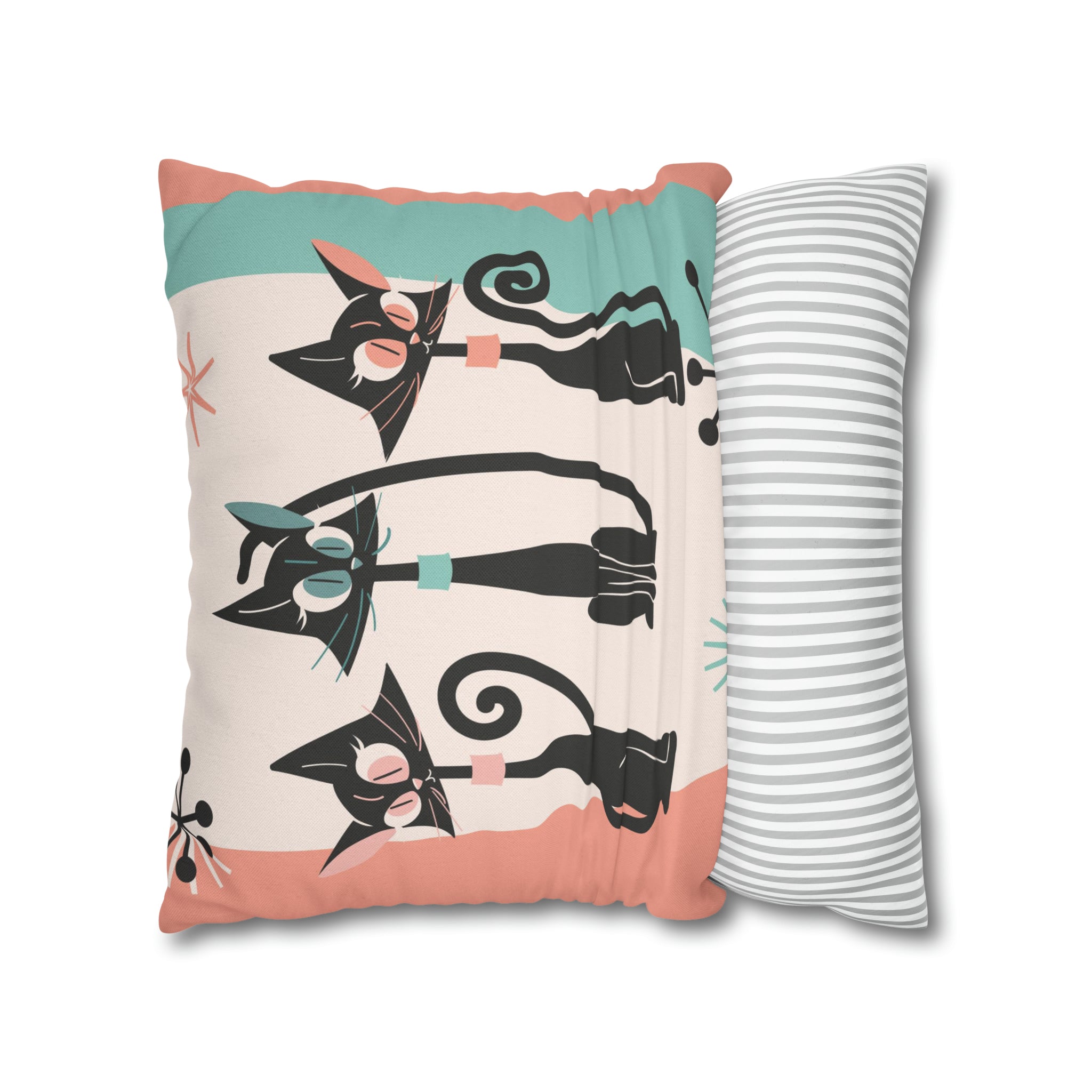 Atomic Cat Pillow, Kitschy 50s Mid Century Modern Style, Coral, Aqua, Creamy Beige, Retro MCM Atomic Home Living Pillow COVER - Mid Century Modern Gal