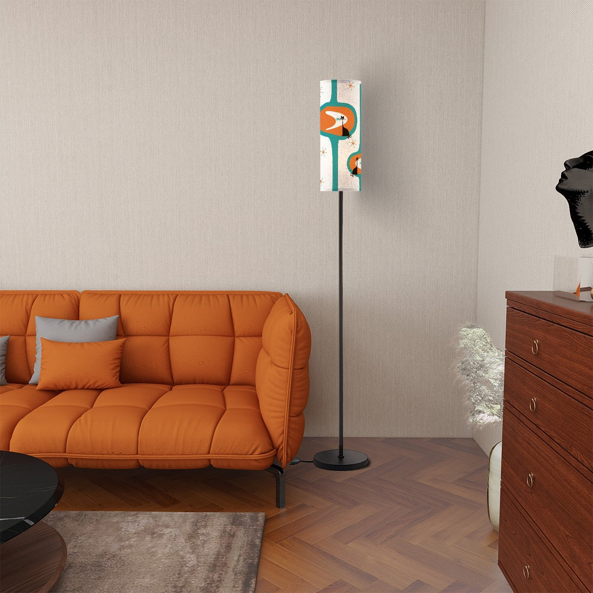 Mid Century Modernist, Minimalist Atomic Cat Orange Teal Shade, Slim Floor Lamp - Mid Century Modern Gal