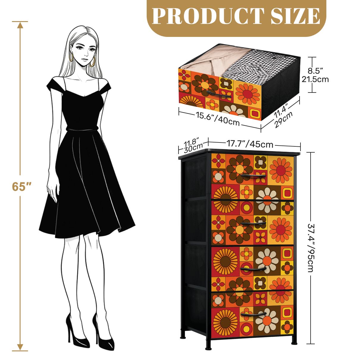 Retro 70s Mod Floral Orange Brown Yellow Mid Mod Hip 4-Drawer Dresser - Mid Century Modern Gal