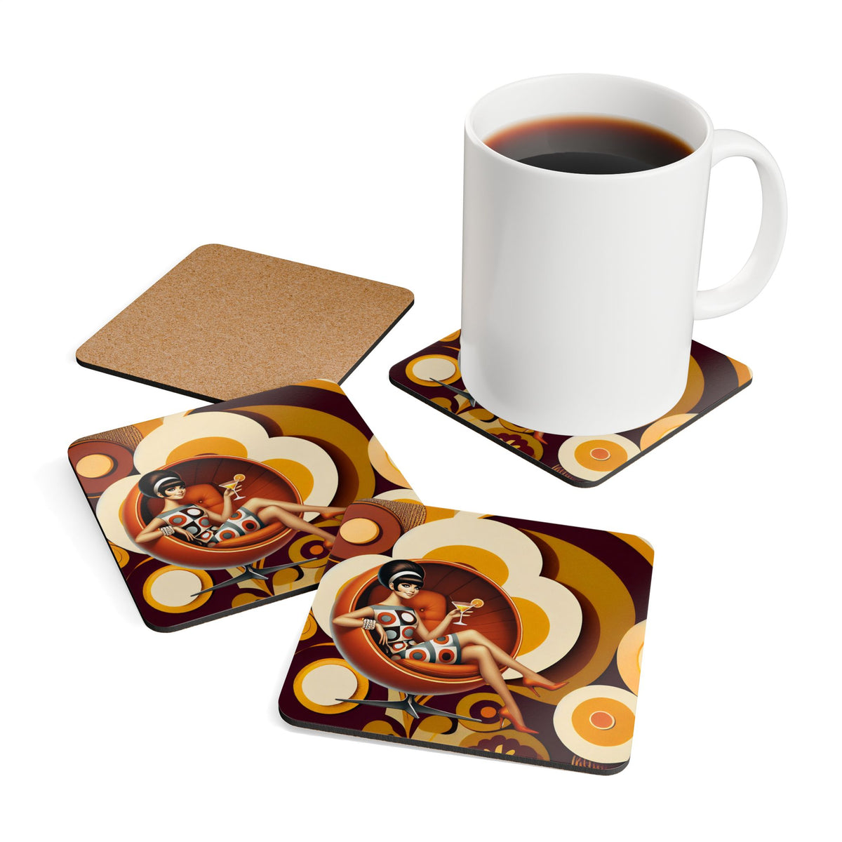Groovy Mod 60s Gal, Flower Power Table Bar Coasters - Mid Century Modern Gal