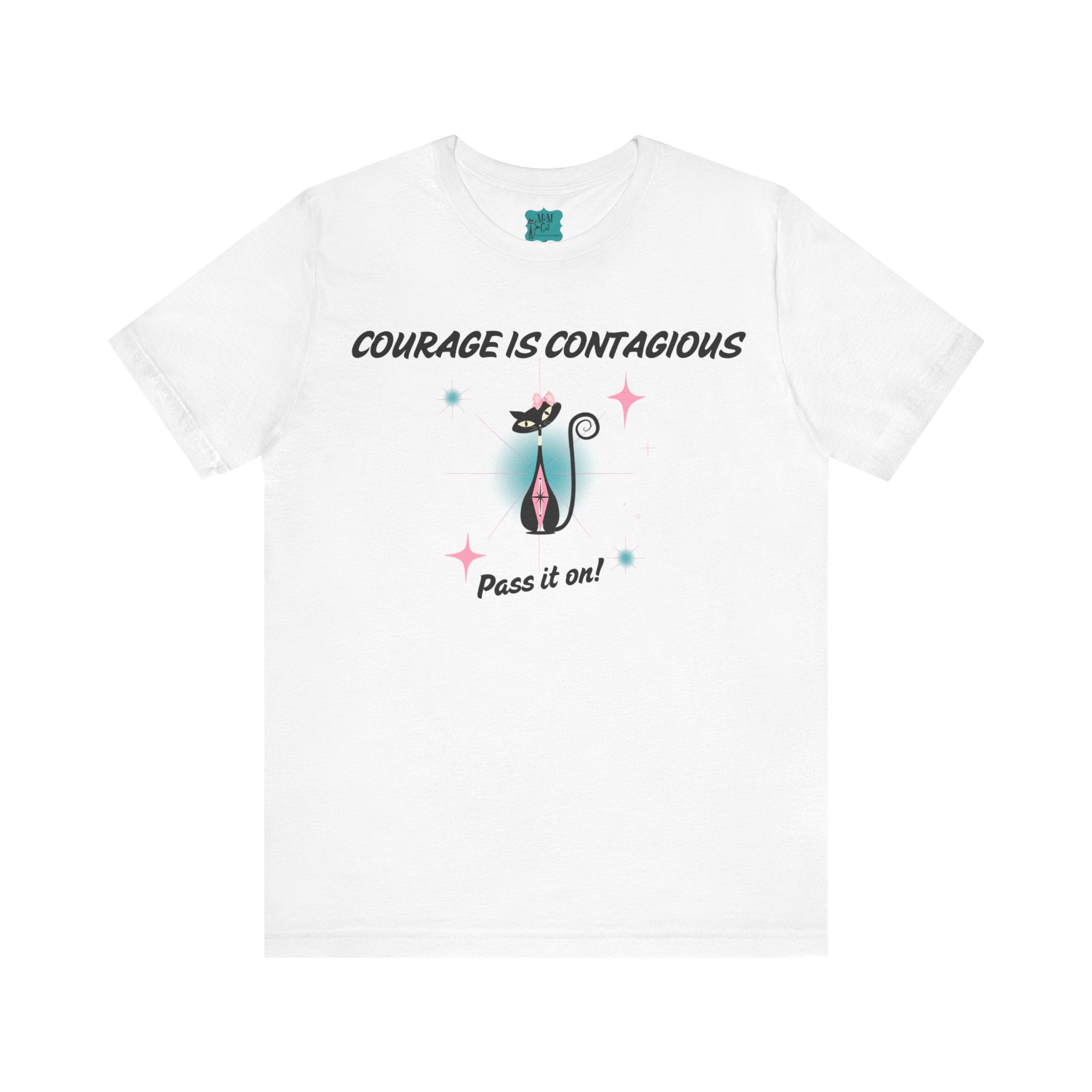 Breast Cancer Shirt, Courage Is Contagious Breast Cancer Support, Warrior, Survivor, Chemo Day Atomic Cat Pretty Short Sleeve Tee - Mid Century Modern Gal