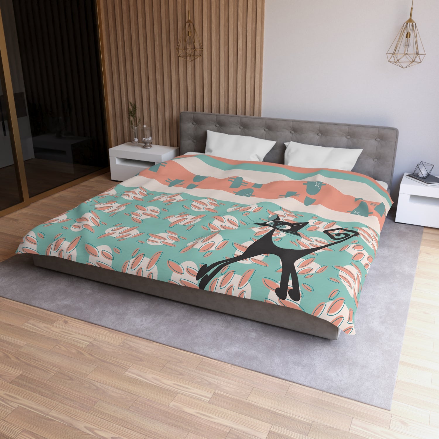 50s Nostalgic Atomic Cat Mid Century Modern Aqua, Coral Pink Peach, Kitschy Mid Century Modern  Duvet Cover - Mid Century Modern Gal