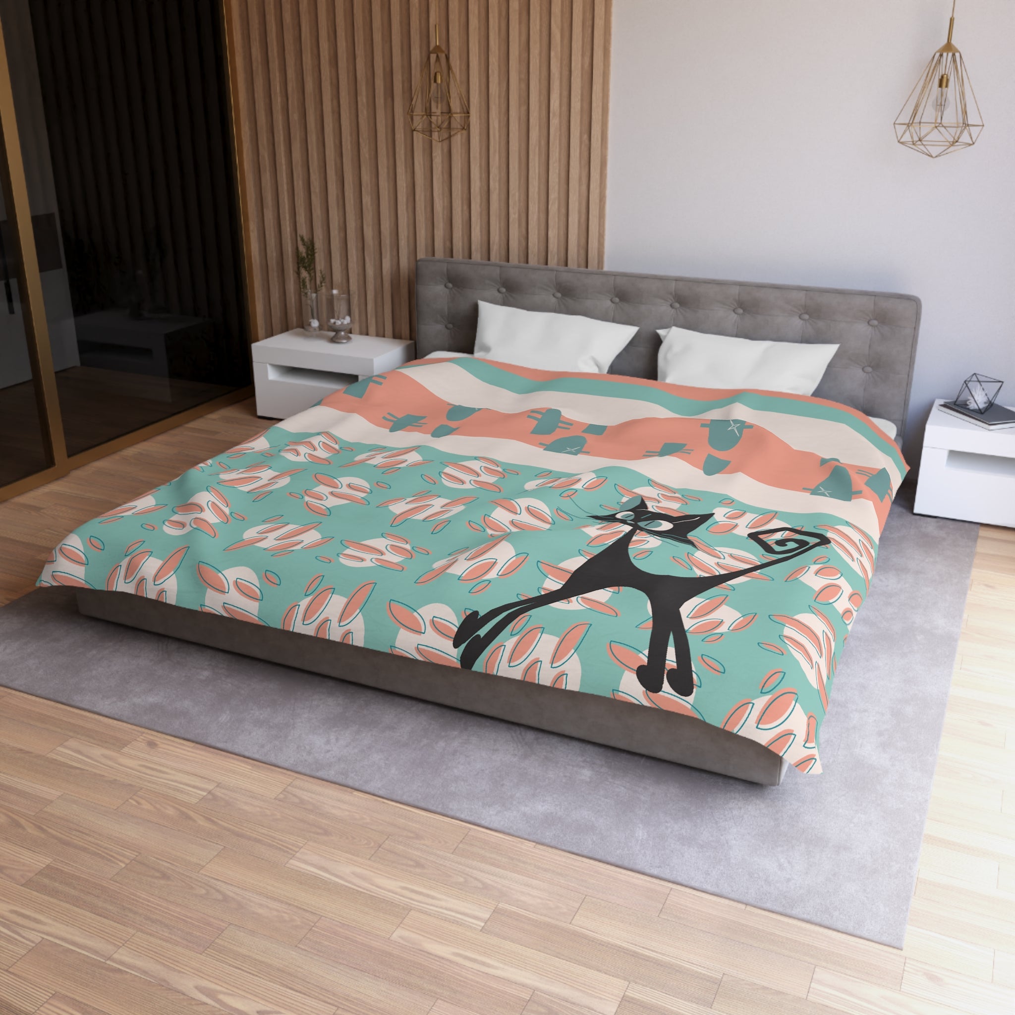 50s Nostalgic Atomic Cat Mid Century Modern Aqua, Coral Pink Peach, Kitschy Mid Century Modern Duvet Cover - Mid Century Modern Gal