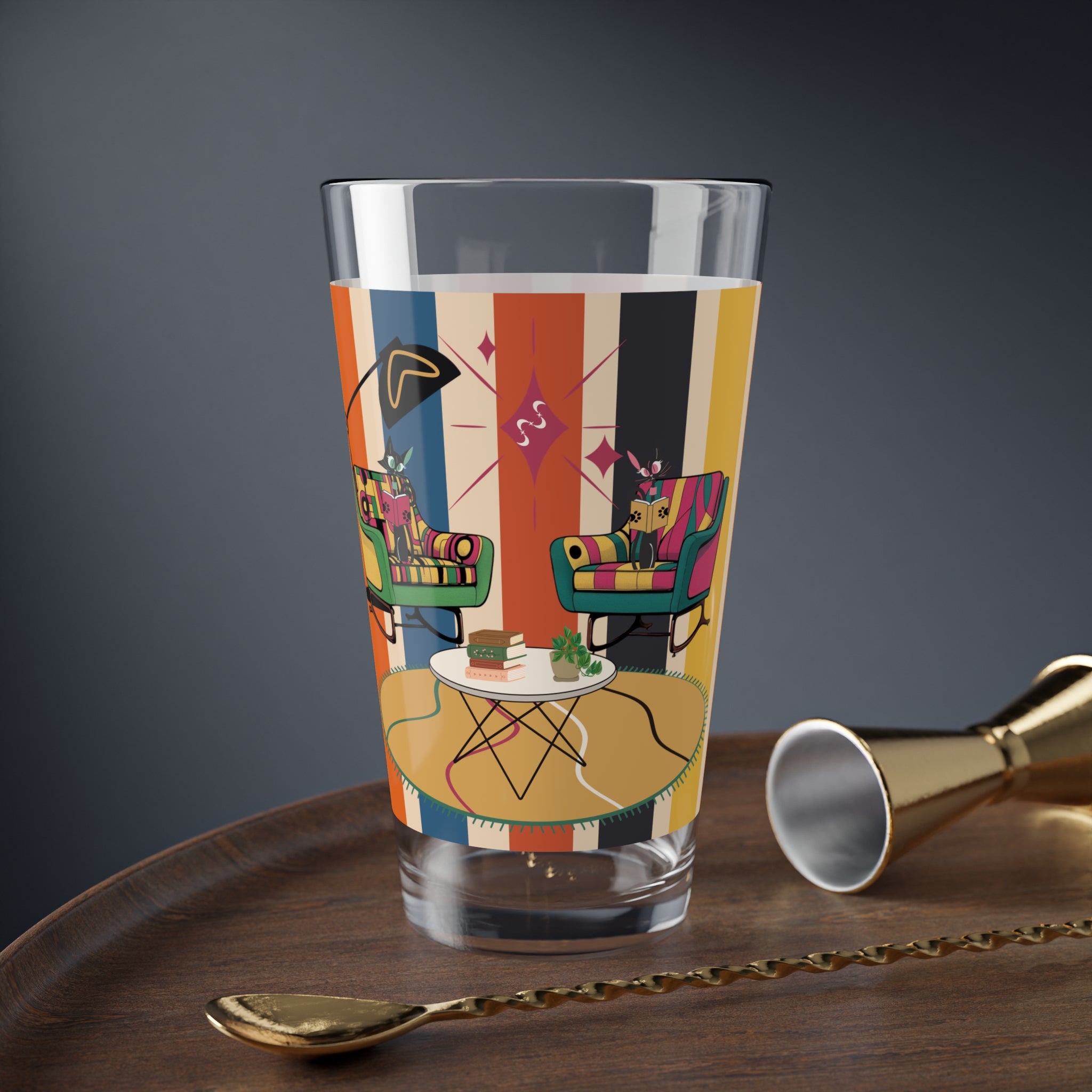 Atomic Kitschy Cats, Book Lover, Book Club Colorful Retro Glass - Vibrant Drinkware for Home Entertaining - Mid Century Modern Gal