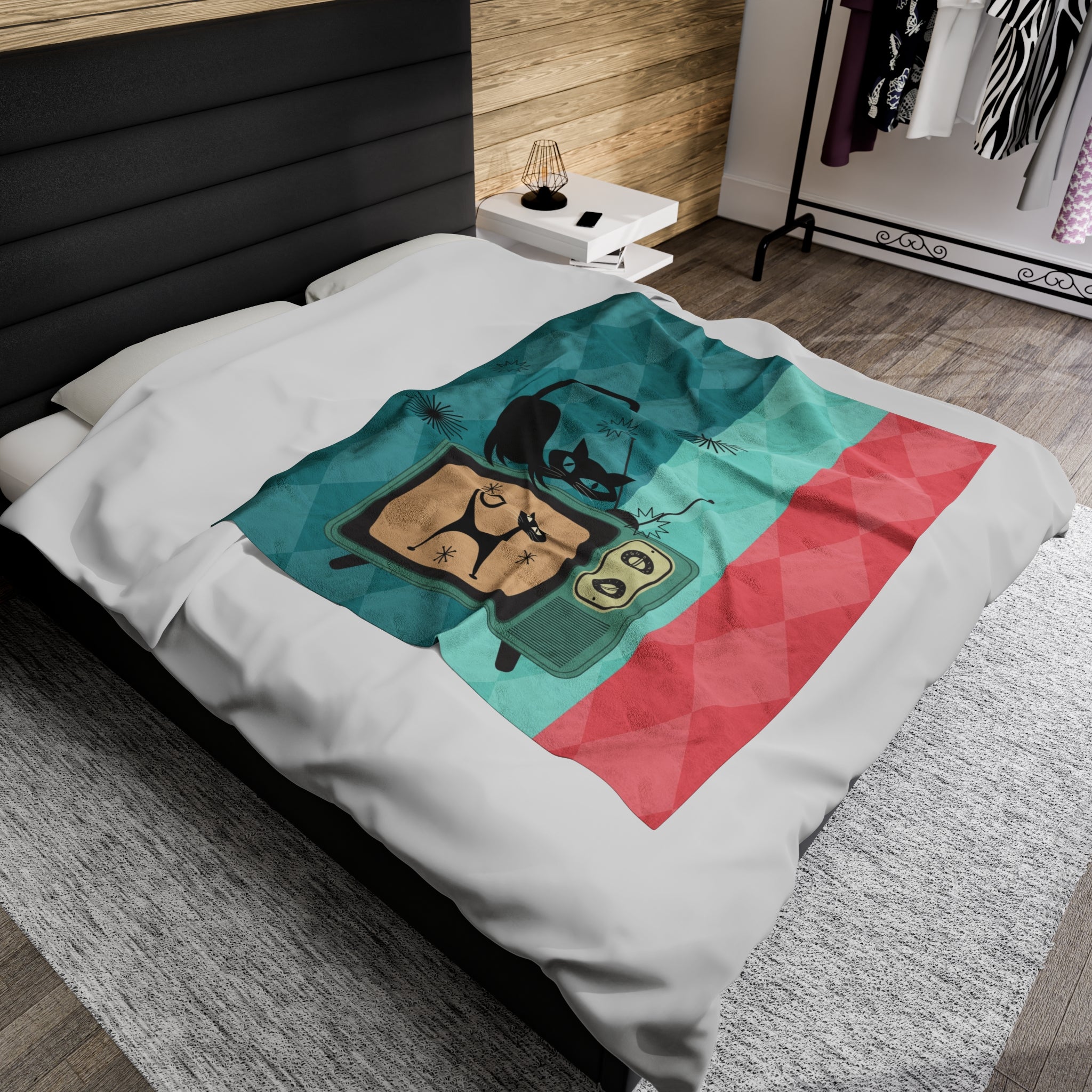 Atomic Cat Kitschy Mod Velveteen Plush Blanket, Pink, Aqua, Harlequin Diamond Pattern - Mid Century Modern Gal