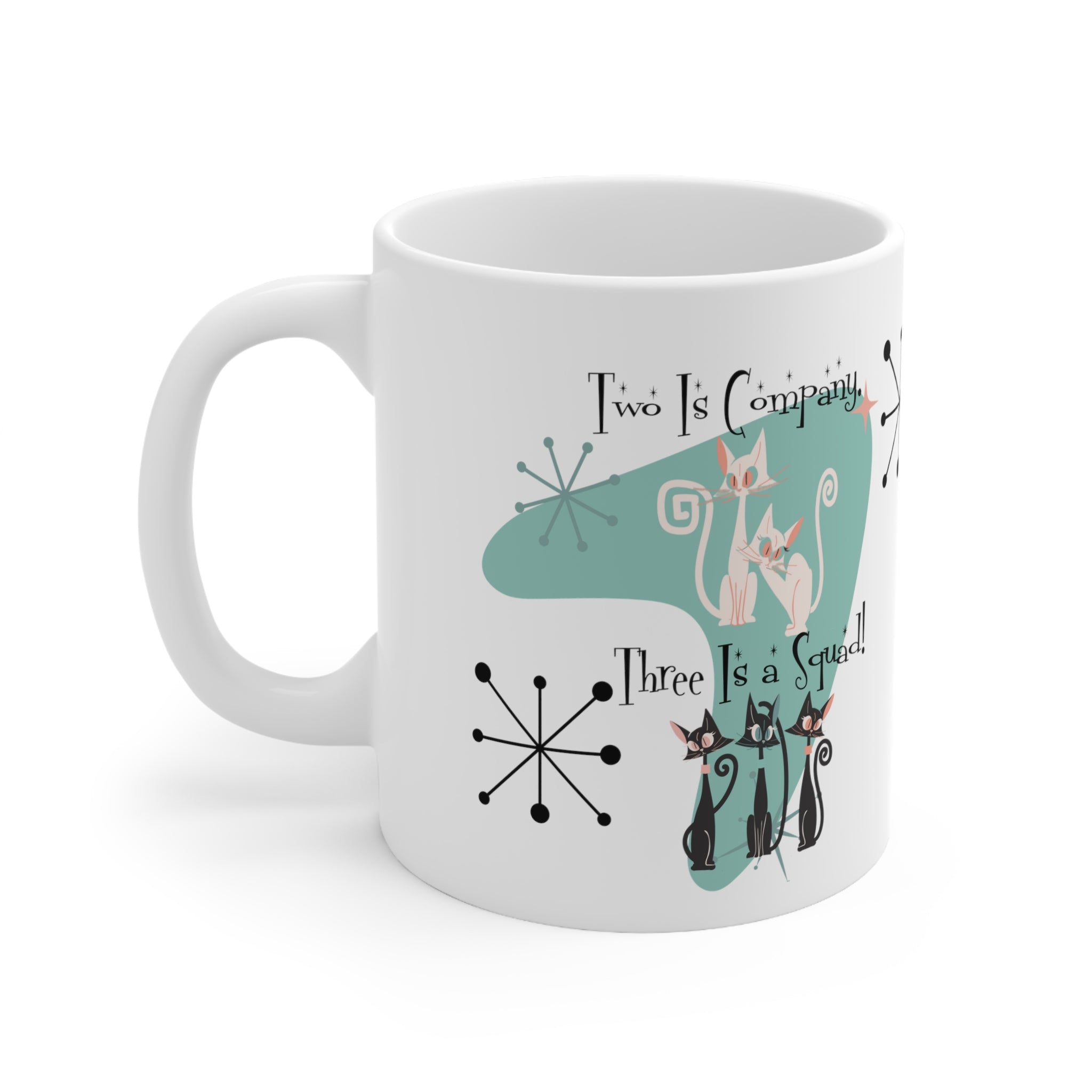 Three Is A Squad, Cat Mom, Best Friends Coffee Mug, Kitschy Cute Atomic Kitties Ceramic Mug 11oz - Mid Century Modern Gal