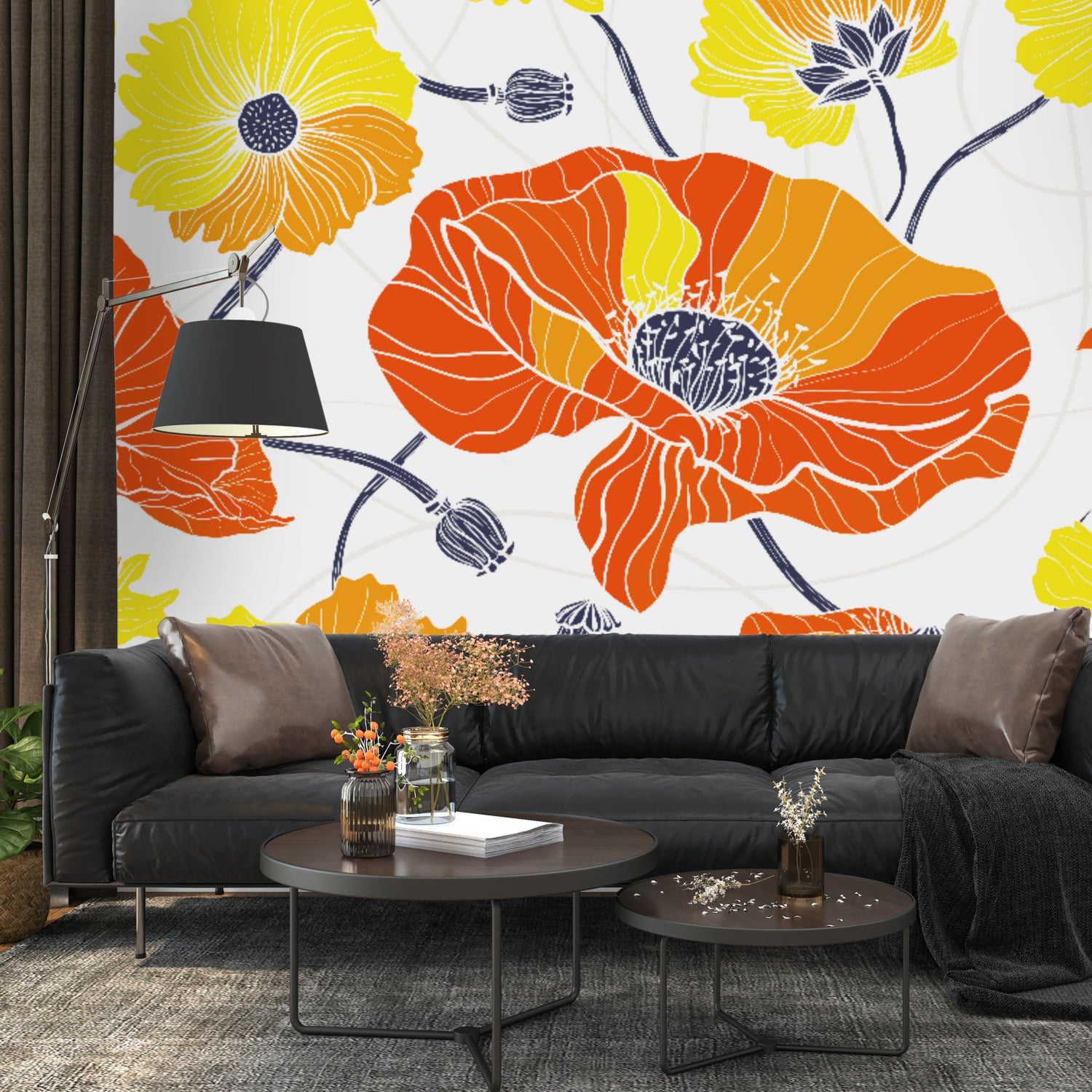 Vintage Poppy Orange Yellow Retro Florals, Mid Century Modern Wall Murals - Mid Century Modern Gal