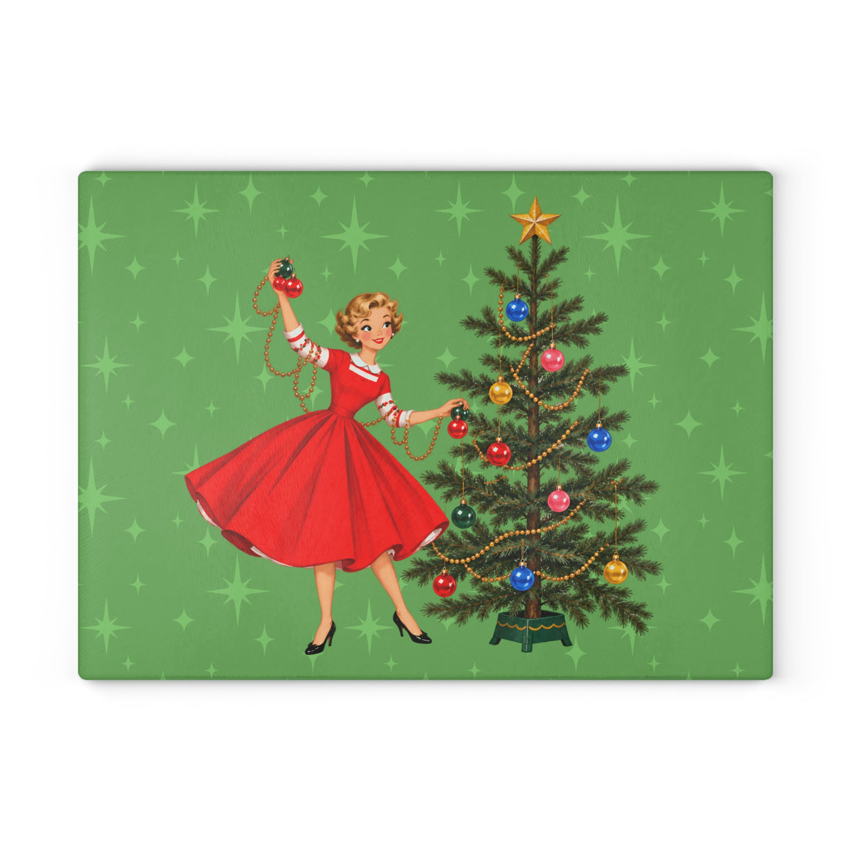 Mid Century Modern Gal Decorating Christmas Tree, Green Atomic Starbursts Glass Cutting Board