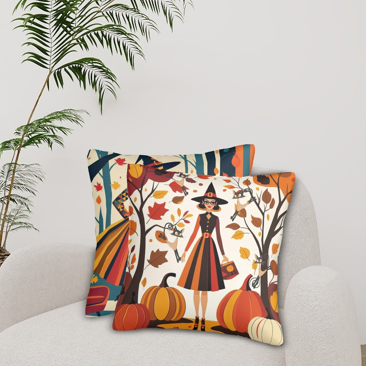 Mid Century Modern Fall, Halloween Kitschy Mod Witches, Atomic Quirky Cats Seasonal Pillow Covers - Mid Century Modern Gal