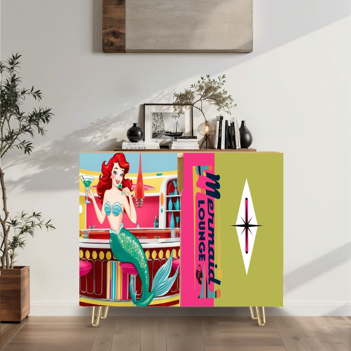 Mid Century Modern Mermaid Kitschy Hot Pink, Green Atomic Coctail MCM Bar Cabinet Wooden Storage Cabinet - Mid Century Modern Gal