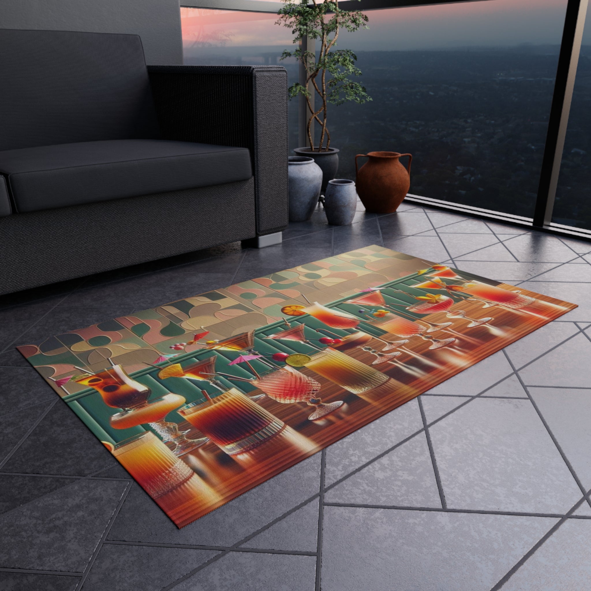 Mid Century Modern Cocktail Rug, Palm Spring Cali Patio Kitschy 50s Style Indoor, Outdoor Rug - Mid Century Modern Gal