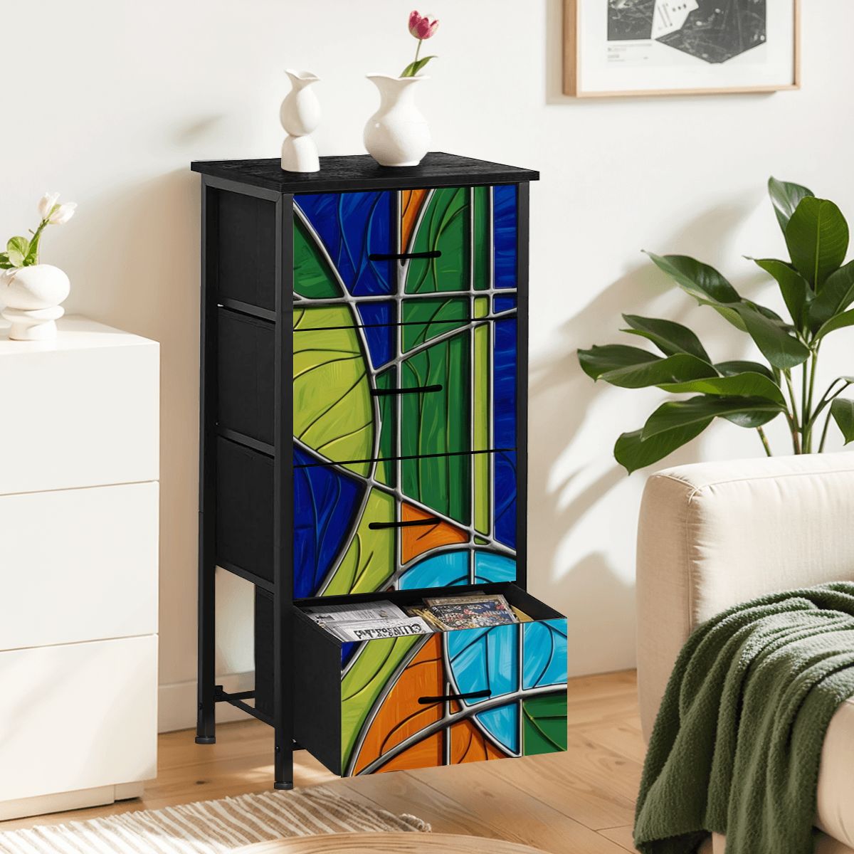 Mid Century Modern Green Blue Orange Purple Faux Stained Glass Designed 4-Drawer Dresser - Mid Century Modern Gal
