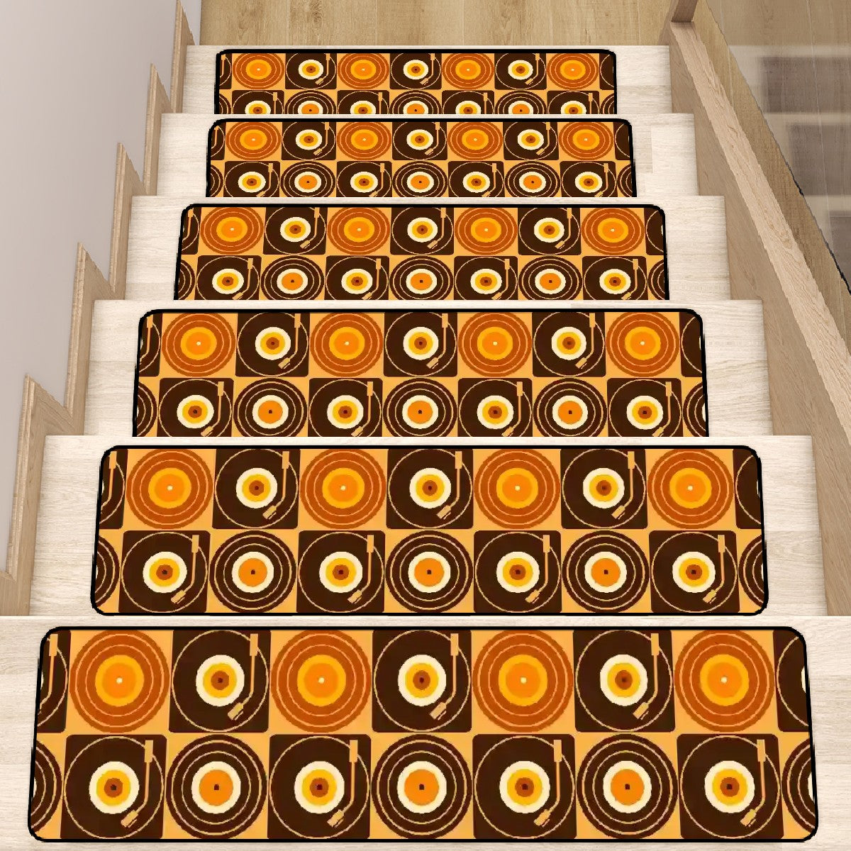 Groovy Retro Record Players, Brown Orange Yellow, Non Slip Carpet for Stairs Treads - Mid Century Modern Gal