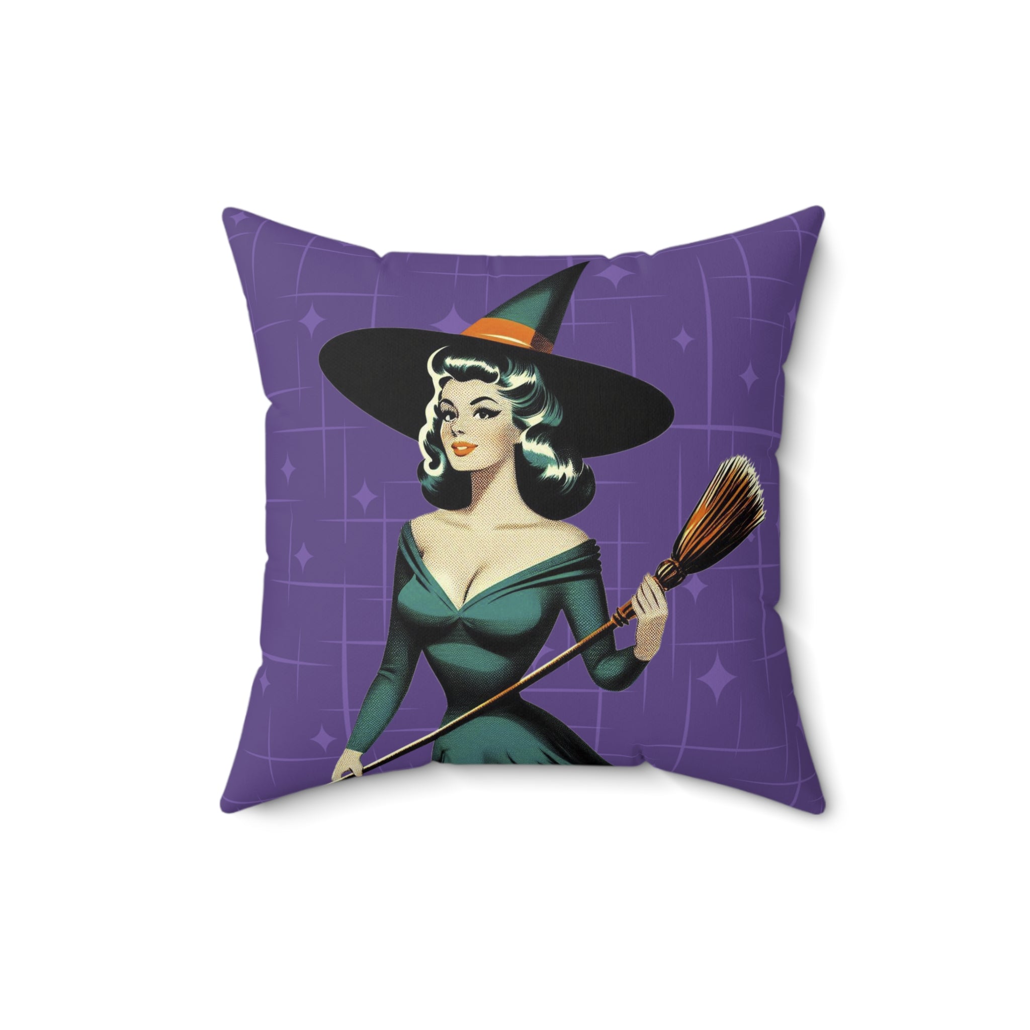 Mid Century Modern Vintage Pin Up Witch Halloween Purple Teal Halloween Pillow Cover and Insert - Mid Century Modern Gal