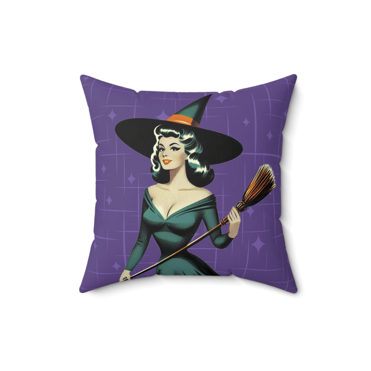 Mid Century Modern Vintage Pin Up Witch Halloween Purple Teal Halloween Pillow Cover and Insert - Mid Century Modern Gal