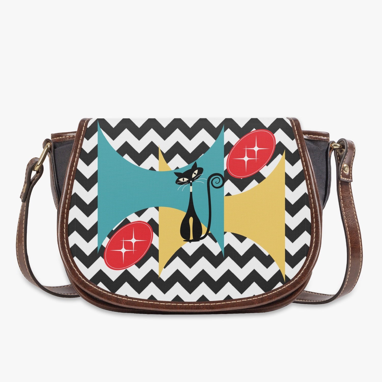 Atomic Cat Chevron Black And White Kitschy Hobo Crossbody Bag - Mid Century Modern Gal