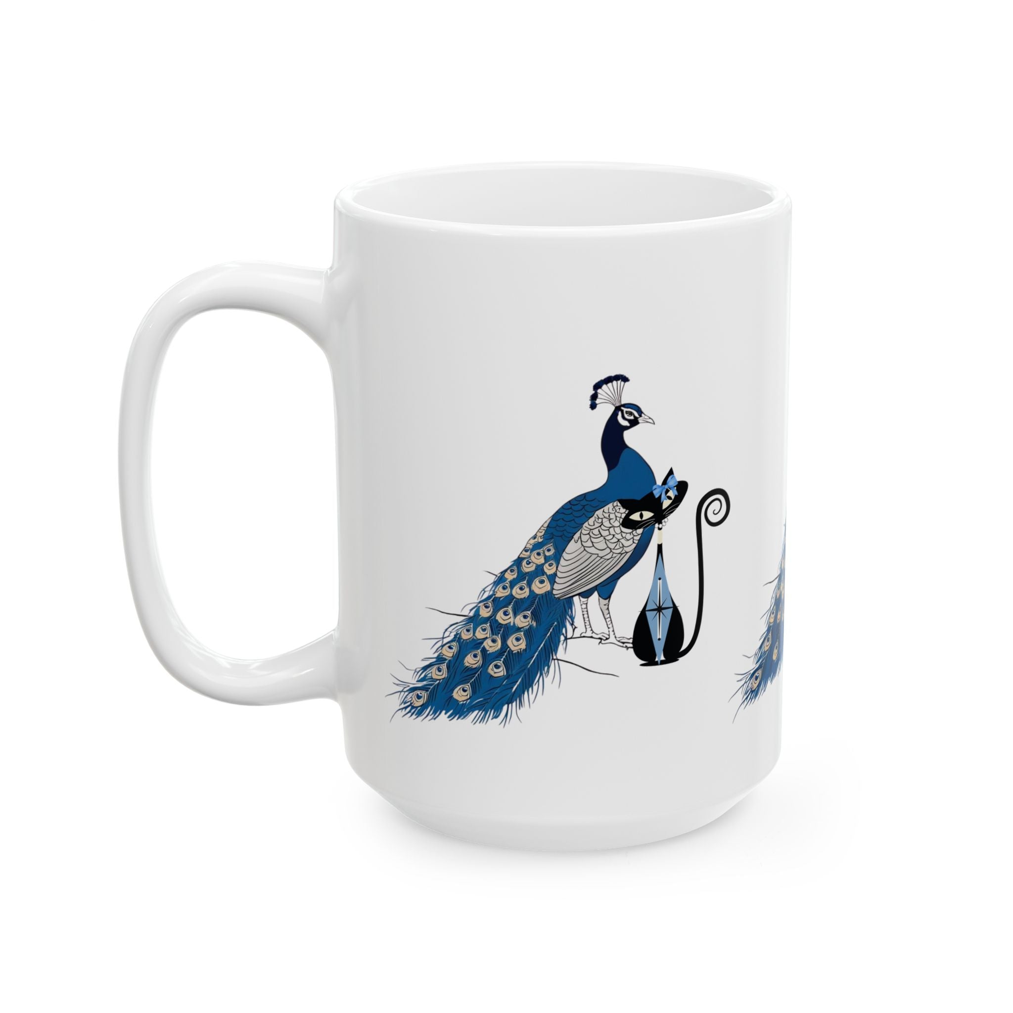Atomic Cat Mug Blue Chinoiserie Peacock MCM Black Cat Mug Vintage Inspired Gift Elegant Peacock Ceramic Mug - Mid Century Modern Gal