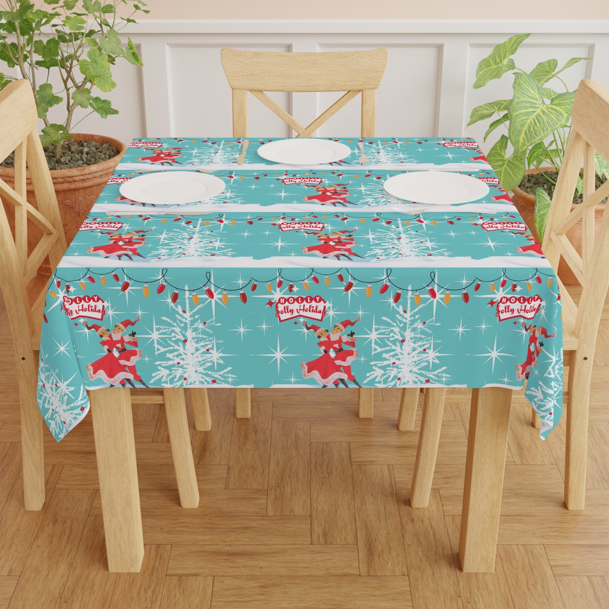 50s Mod Kitschy Couple Retro Christmas Aqua Red, Holiday Tablecloth - Mid Century Modern Gal