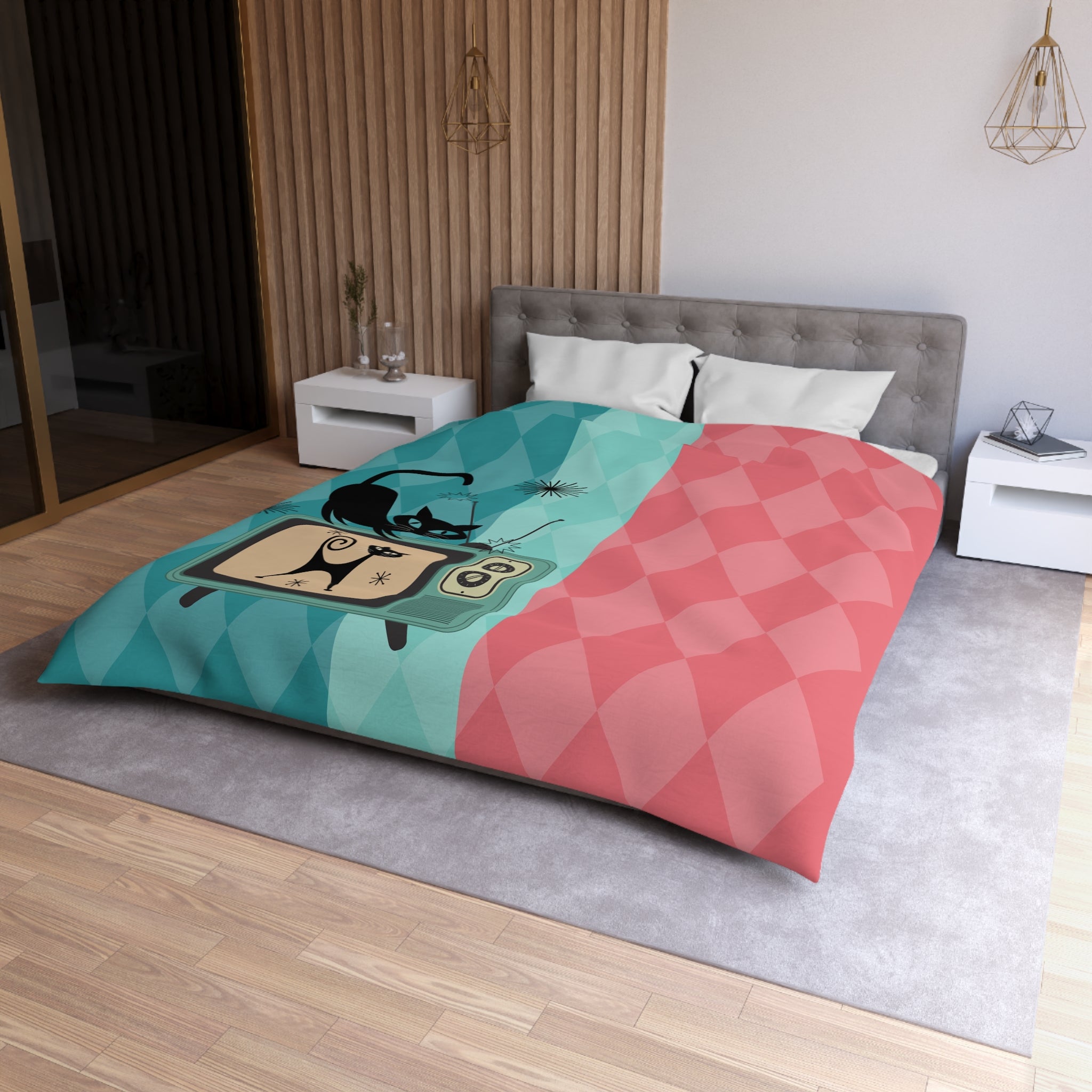 Atomic Kitties, Mid Mod Harlequin Diamond Pattern, Pink, Teal, Light Mint, Retro Mod Duvet Cover - Mid Century Modern Gal