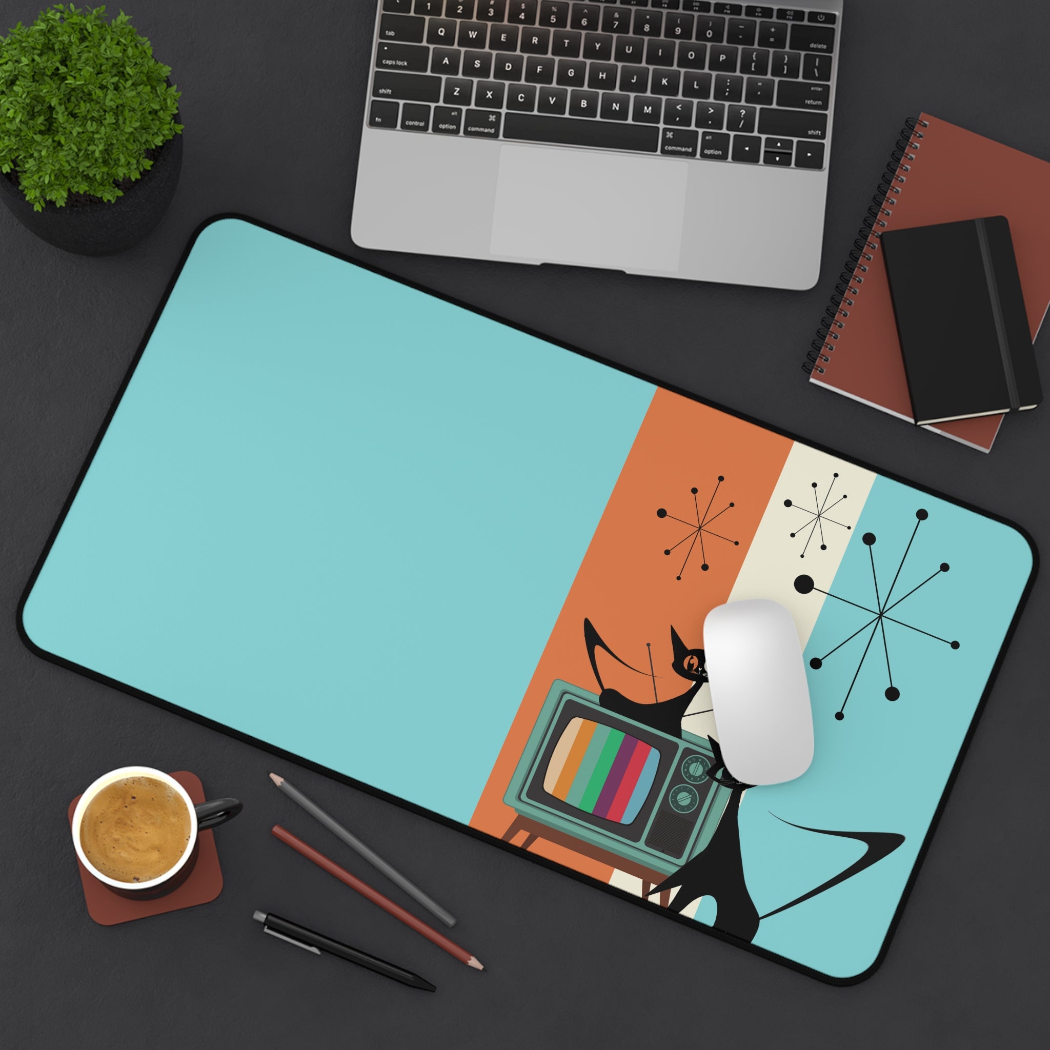 Atomic Cat, Aqua, Retro Mid Mod, Starburst, Orange, Cool Mid Century Modern Desk Mat - Mid Century Modern Gal