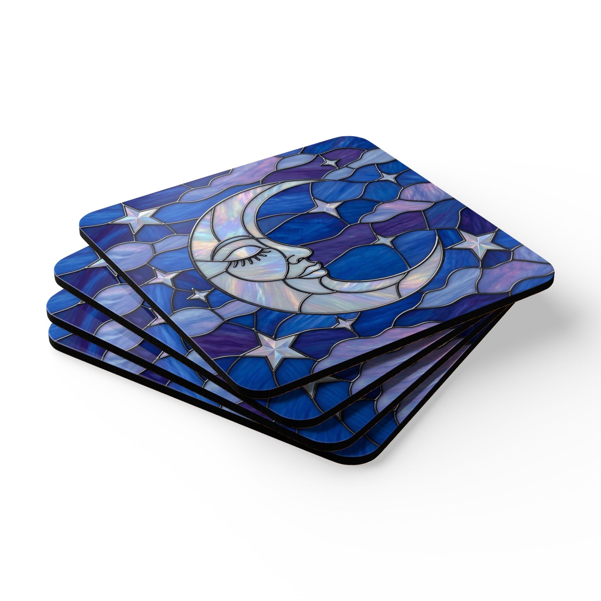 Halloween Stained Glass Style Night Sky Crescent Moon Stars Clouds Corkwood Coaster Set