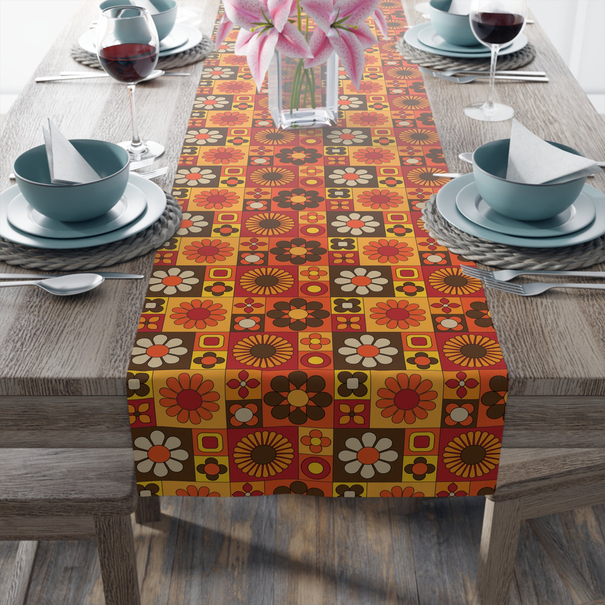 Retro 70s Groovy Mid Mod Floral Table Runner - Mid Century Modern Gal