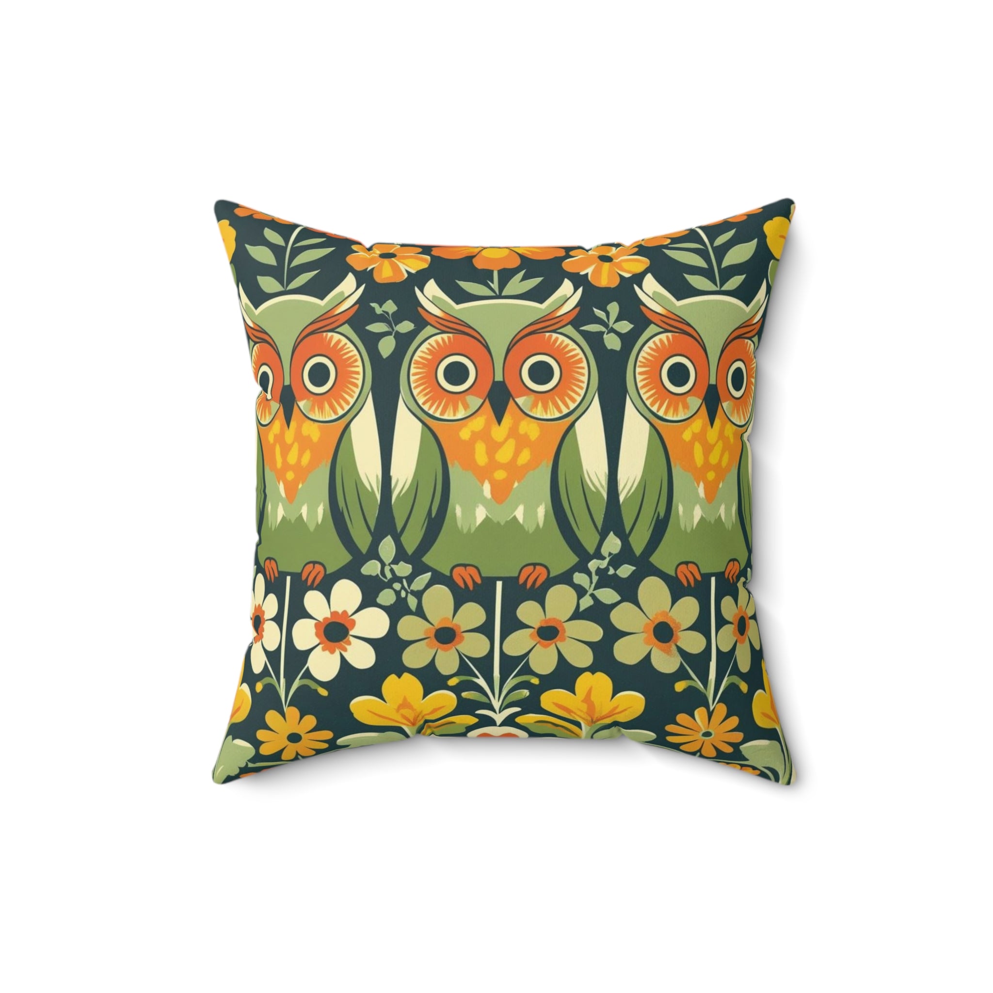 Retro Owl Flower Power Groovy 70s Floral Green, Orange Fall Pillow And Insert - Mid Century Modern Gal