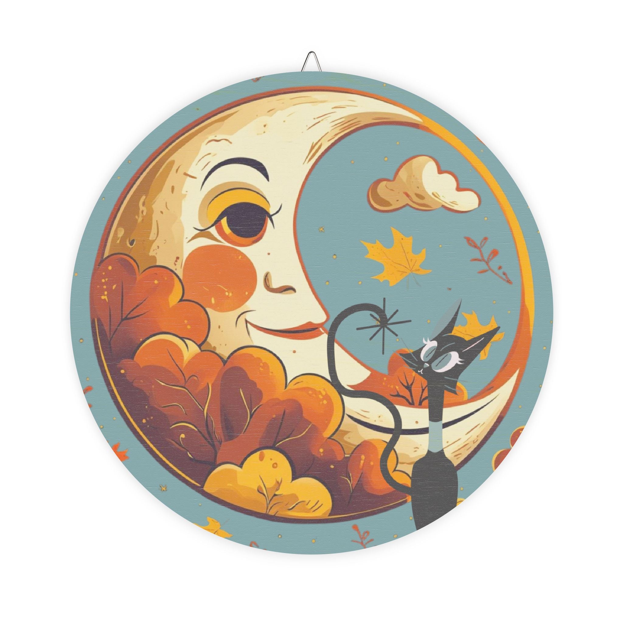 Harvest Half Moon, Kitschy Atomic Cat MCM Wood Sign Seasonal Decor - Mid Century Modern Gal