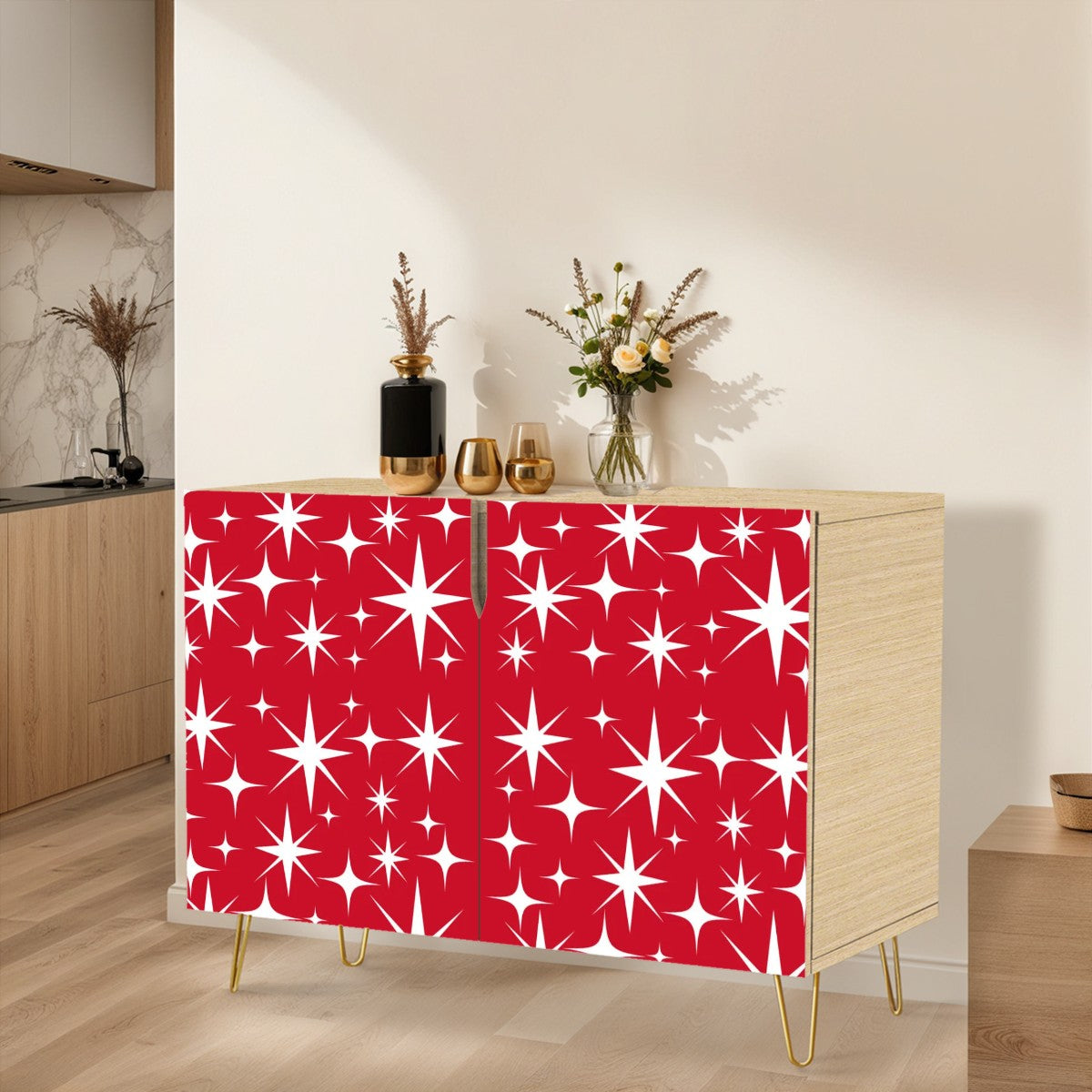 Atomic 50s Retro Red White Starburst, Mid Century Modern Wooden Storage Cabinet - Mid Century Modern Gal