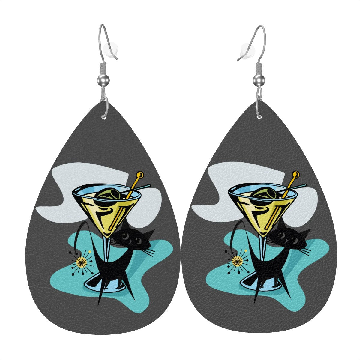 Atomic Cat Martini Cocktail Teardrop Vegan Leather Earrings - Mid Century Modern Gal
