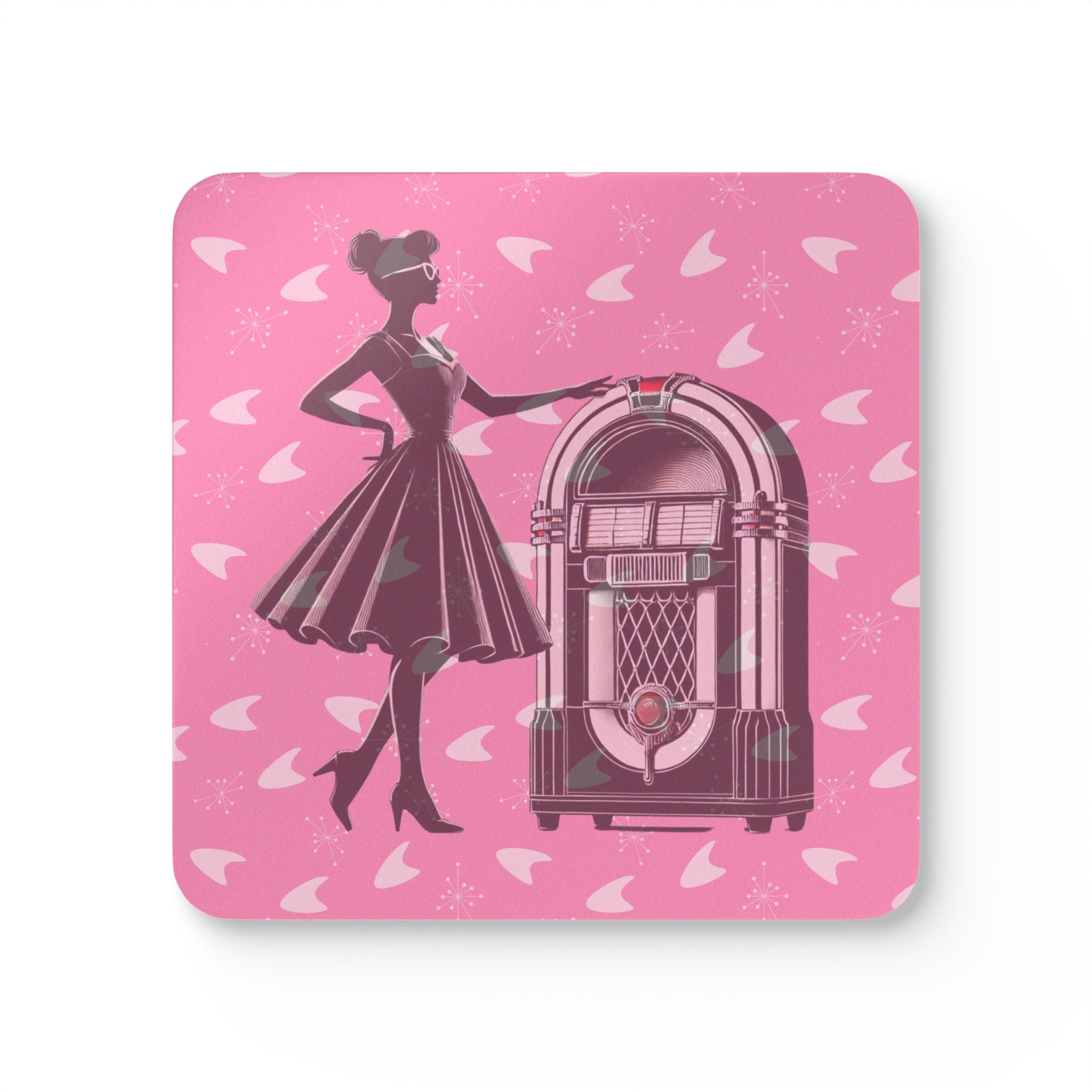 50s Diner, Pink Retro Jukebox Cork Coaster Set, Vintage Coasters, Bar Decor, Gift for Music Lovers - Mid Century Modern Gal