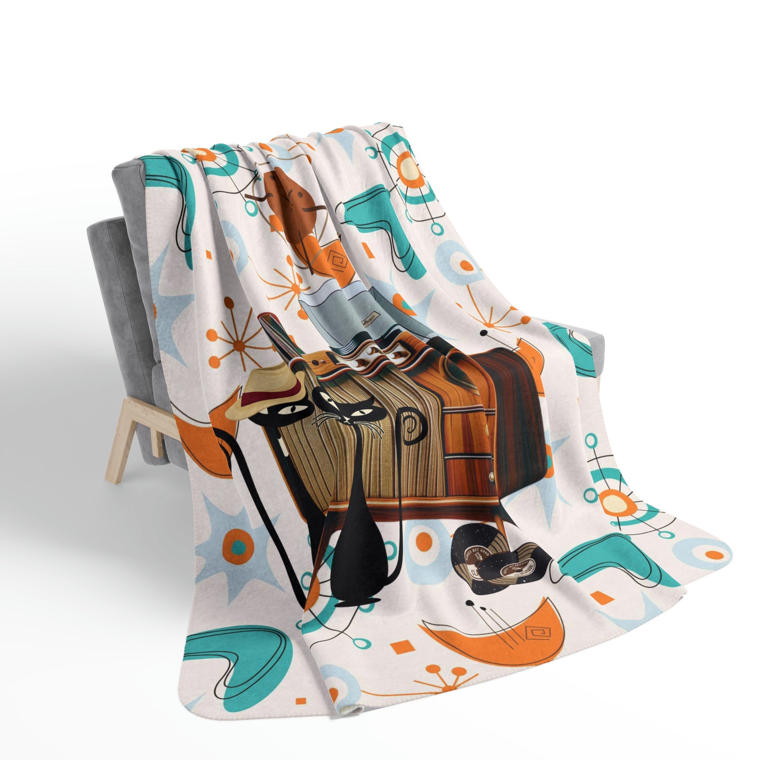 Atomic Cat, Retro Vinyl Console, Couples Gifts, Mid Century Modern Atomic Design Fleece Sherpa Blanket - Mid Century Modern Gal