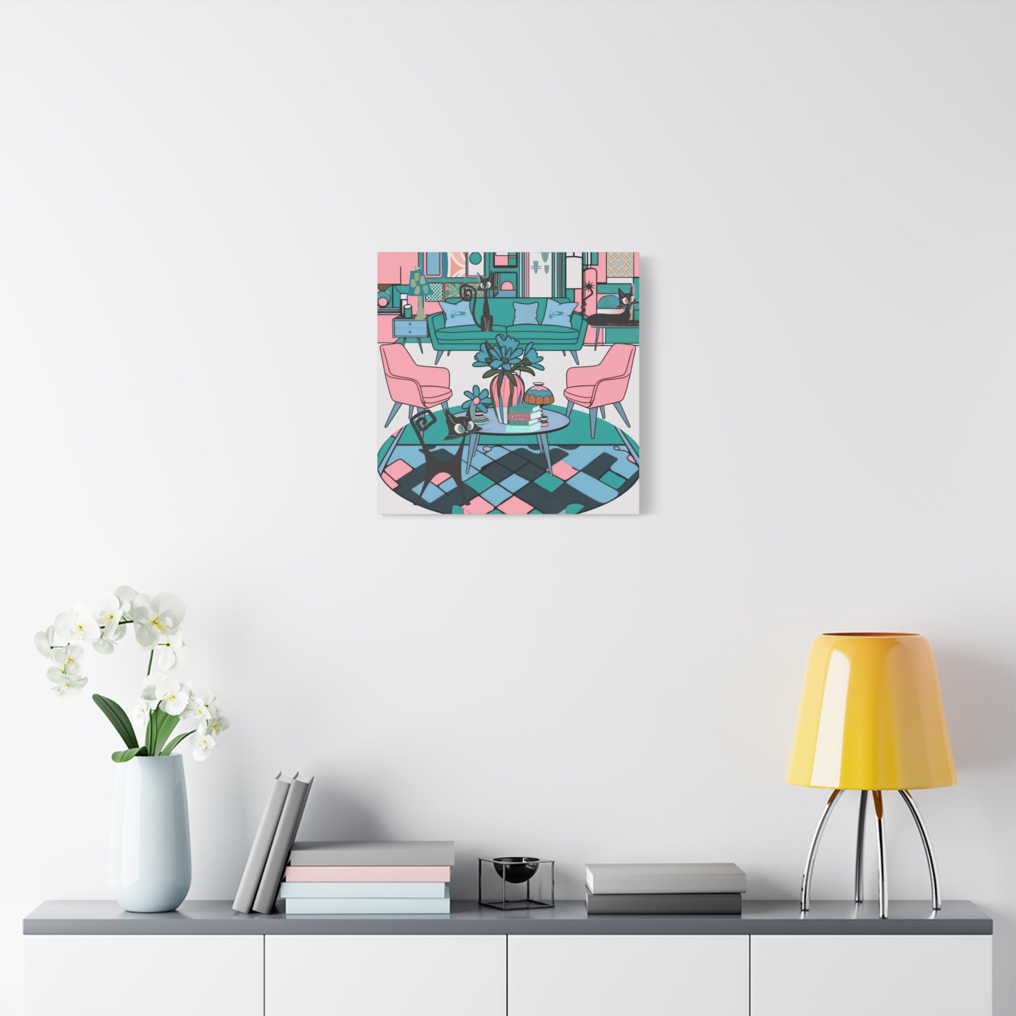 Atomic Cat Mid Century Modern Wall Art Colorful Cat-Themed Canvas Art - Mid Century Modern Gal