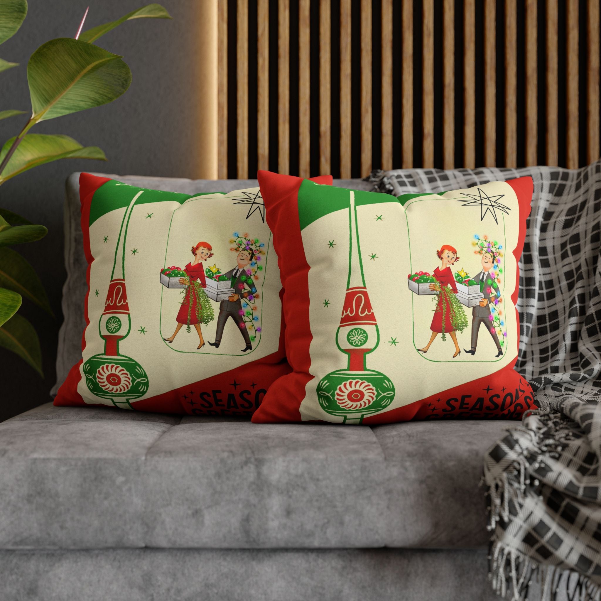 Shiny Brite Holiday Pillow Cover, Mid Century Modern Kitschy Couple Season Greetings - Mid Century Modern Gal