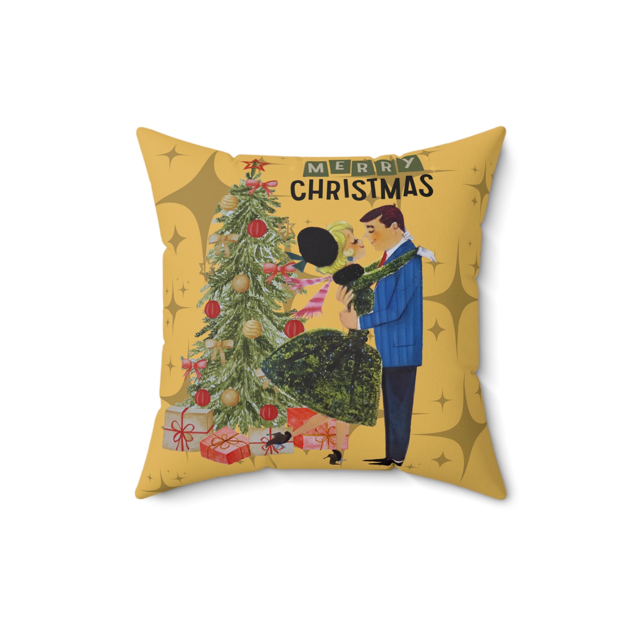 Retro Holiday Kitsch, Merry Christmas Decorative Pillow - Retro Holiday Throw Cushion - Mid Century Modern Gal