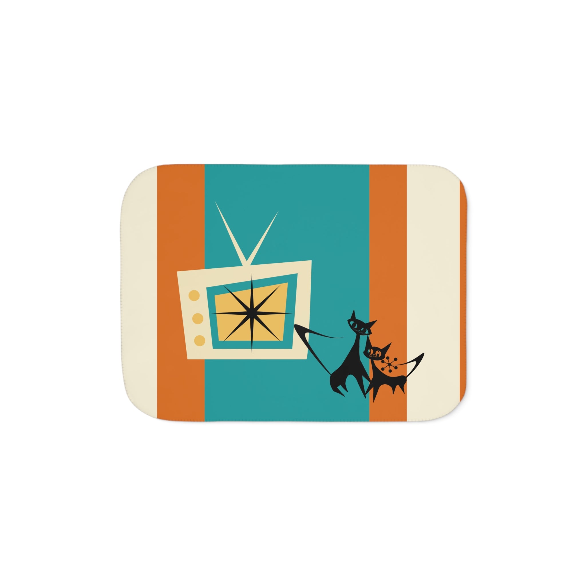 Atomic Kittie Cats, Mid Century Modern Teal, Orange Retro Cozy Cat-Themed Sherpa Blanket - Mid Century Modern Gal