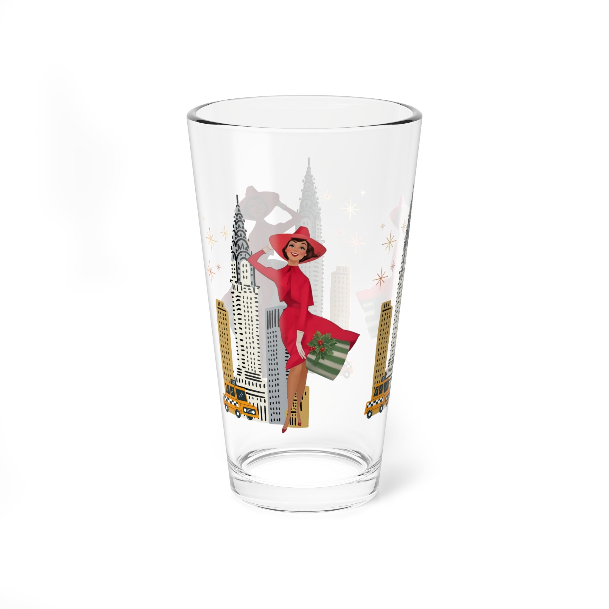 Mid Century Modern Christmas Glam Gal Chic NYC Mixing Glass - 16oz Decorative Drinkware with Iconic Skyline and Holiday Celebration Design - Mid Century Modern Gal