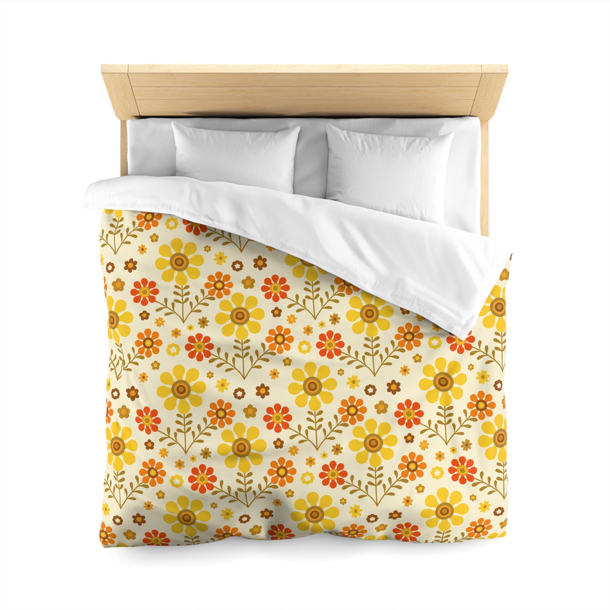 70s Flower Power Orange, Yellow Soft Daisy Retro Duvet Cover Duvet Cover - Mid Century Modern Gal