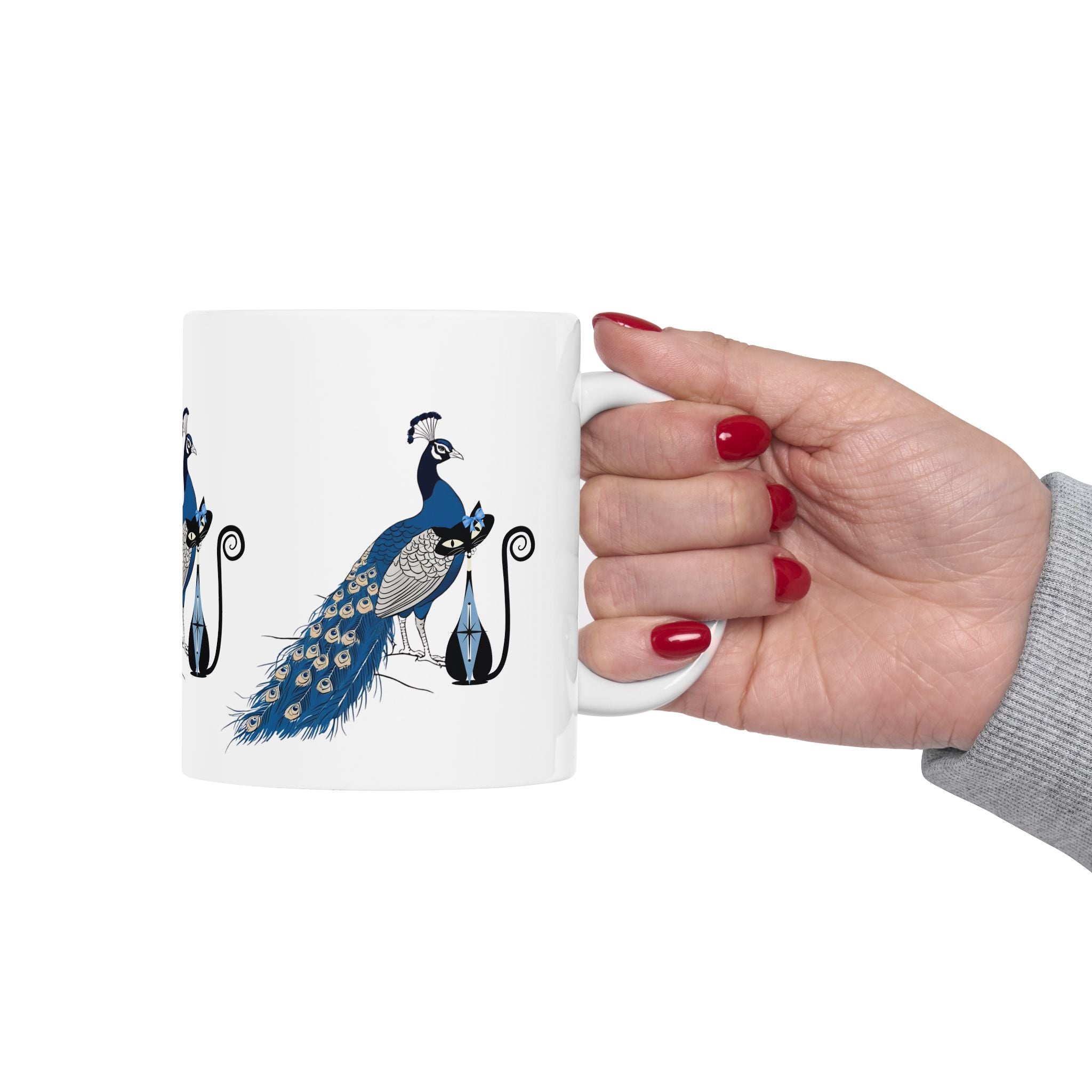 Atomic Cat Mug Blue Chinoiserie Peacock MCM Black Cat Mug Vintage Inspired Gift Elegant Peacock Ceramic Mug - Mid Century Modern Gal
