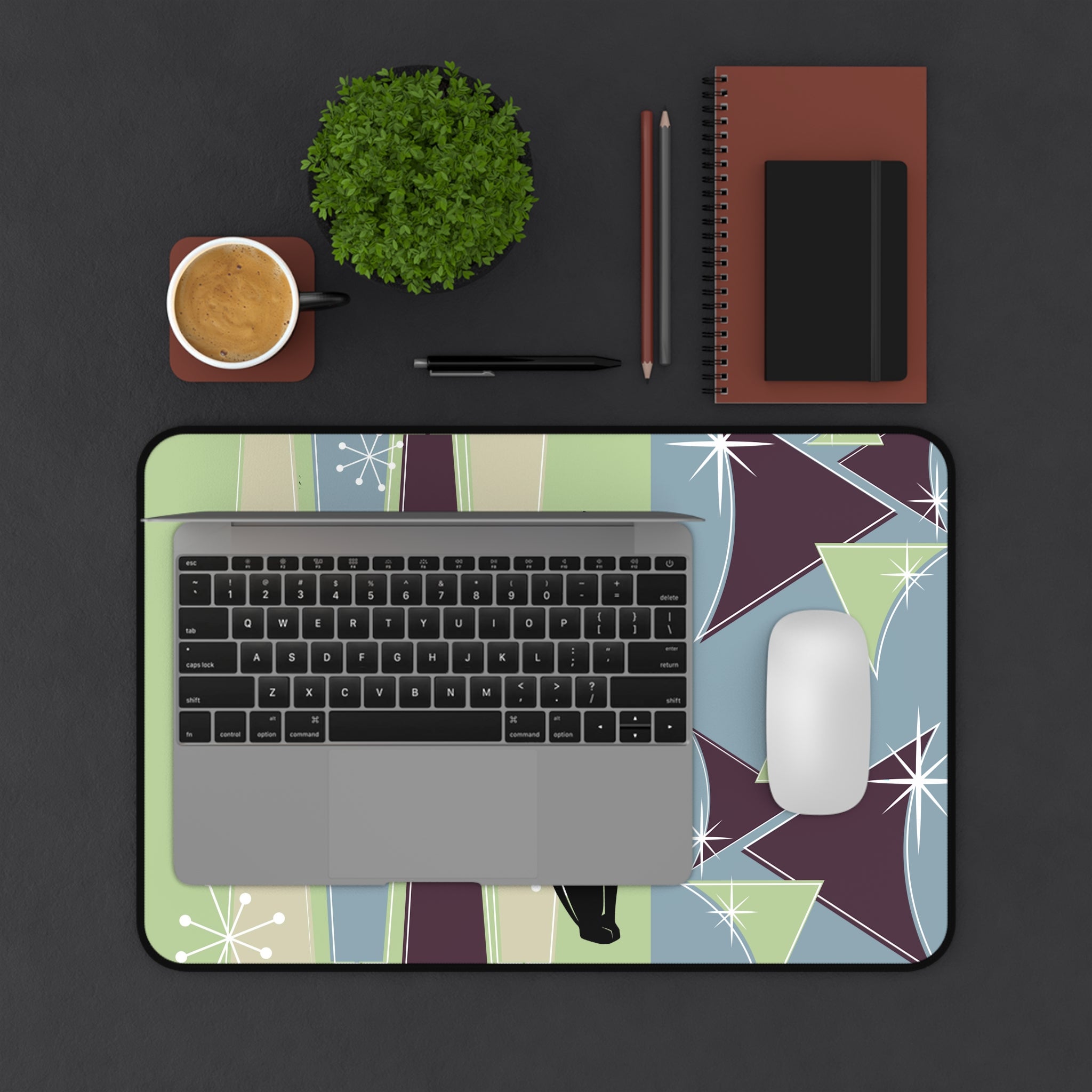 Mid Century Modern, Atomic Cat, Green, Blue, Purple, Starburst Retro MCM Desk Mat - Mid Century Modern Gal