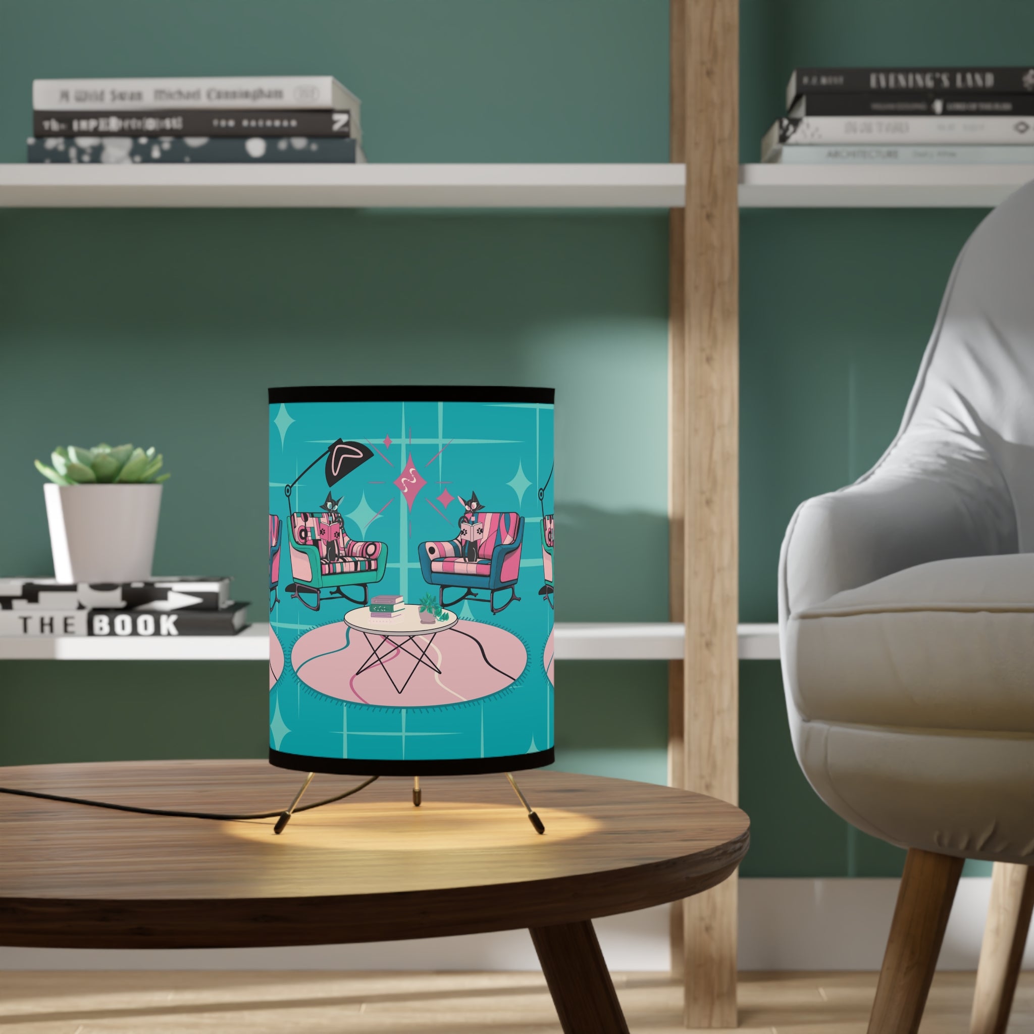 Mid Century Modern Retro Tripod Lamp Book Lover, Book Talk Kitschy Mod Table Lamp - Mid Century Modern Gal