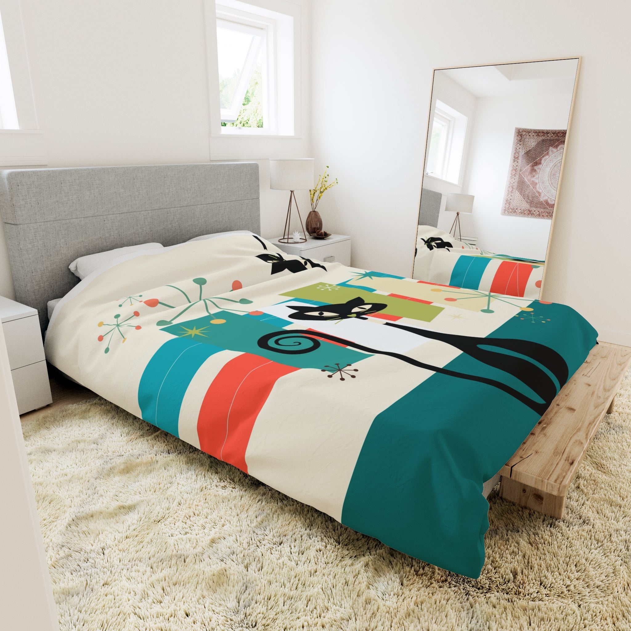 Mid Cenury Modern Atomic Cat, MCM Bedding, Starbursts,Teal, Orange, KItschy Quirky Fun Duver Cover - Mid Century Modern Gal