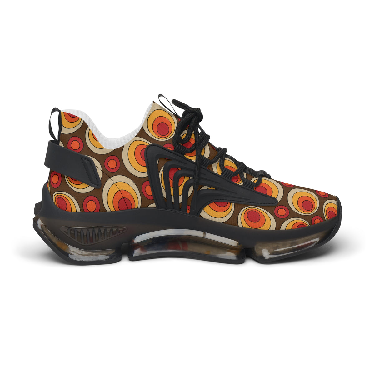 Retro Groovy Orbs, Brown, Orange Yellow Hip Style Women's Mesh Sneakers with Colorful Design - Mid Century Modern Gal