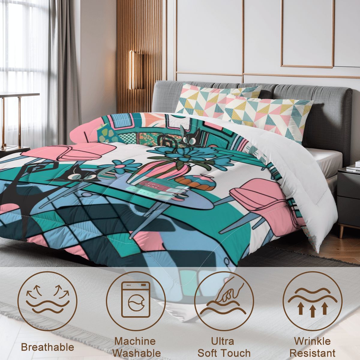 Mid Century Modern Atomic Kitschy Cats, Retro Fun And Quirky Queen Comforter Set - Mid Century Modern Gal