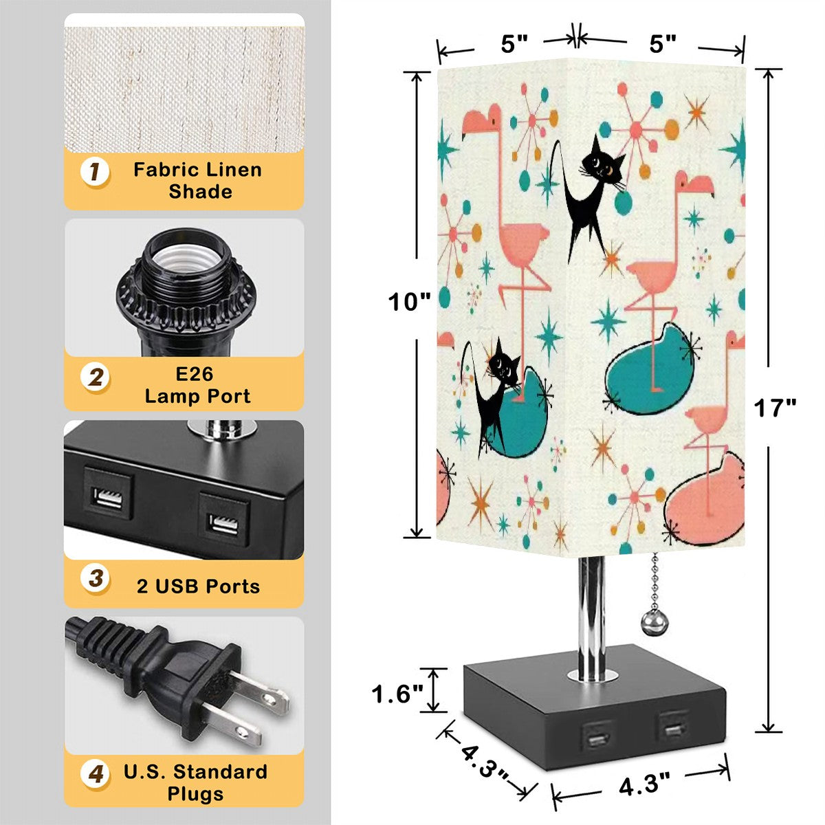 Atomic Cat Flamingo Palm Spring Cali Style, Mid Century Modern Square Table Lamp - Mid Century Modern Gal